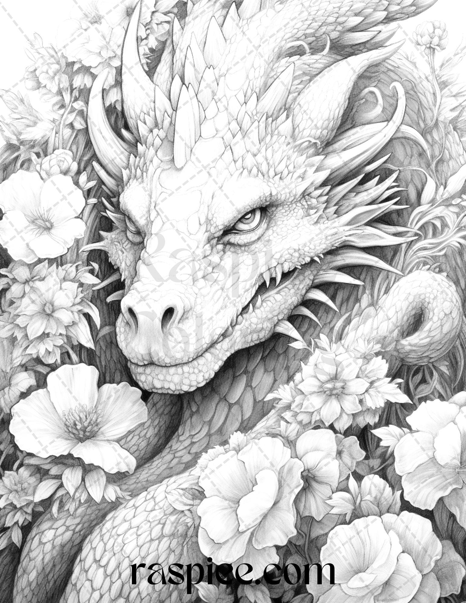 40 Flower Dragon Grayscale Coloring Pages Printable For Adults PDF File Instant Download