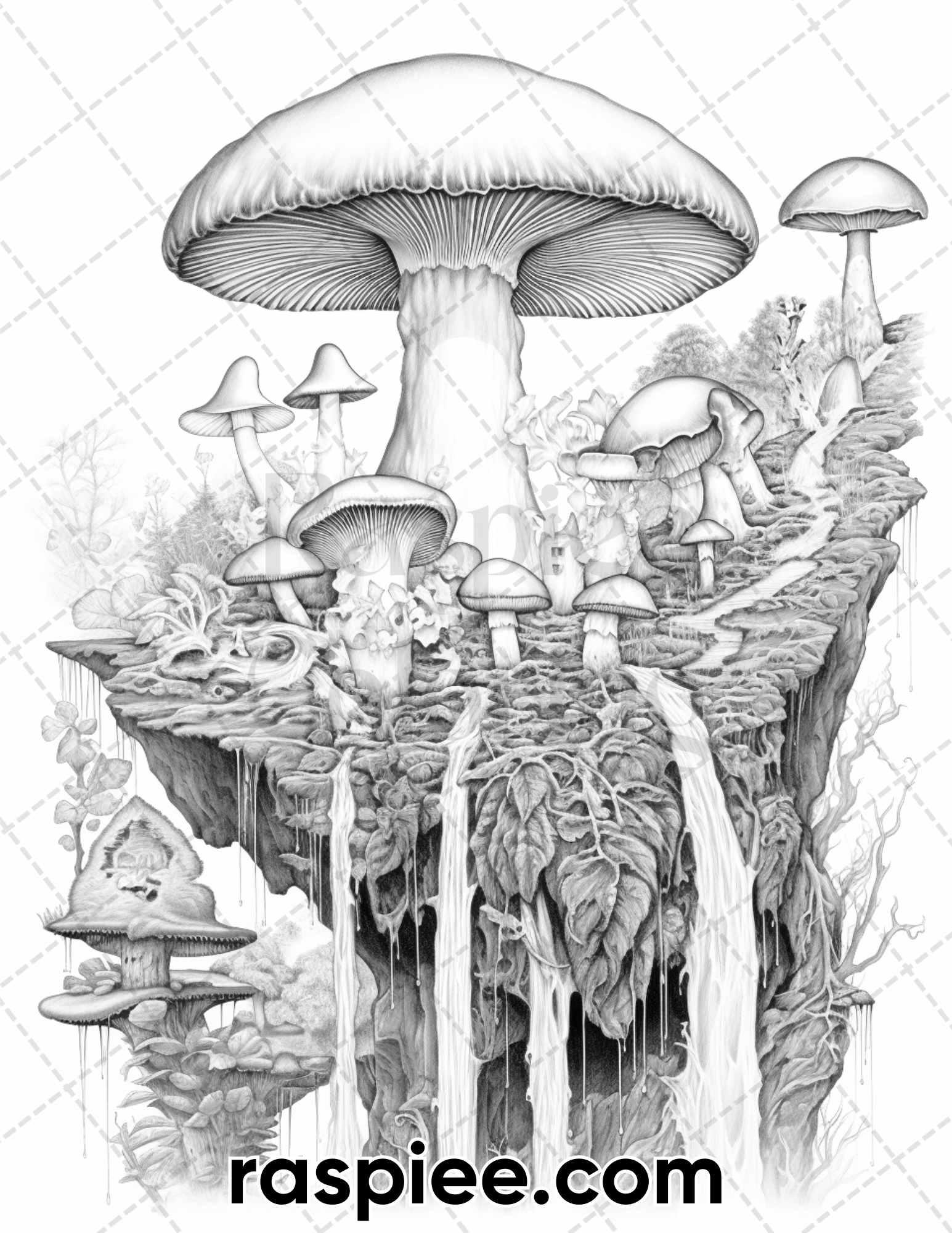 50 Fantasy Mushroom Island Grayscale Coloring Pages For Adults Printable PDF Instant Download