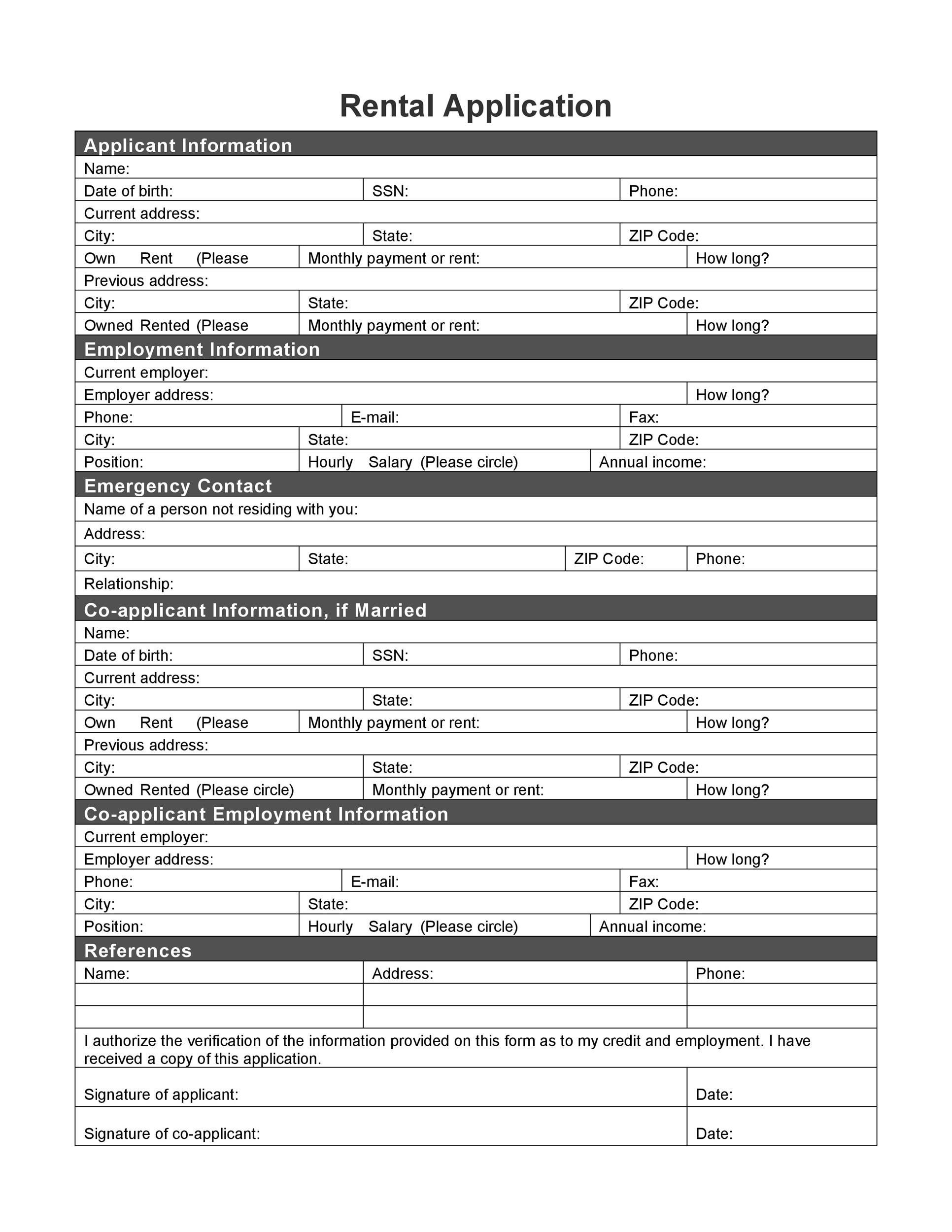Printable Rental Application