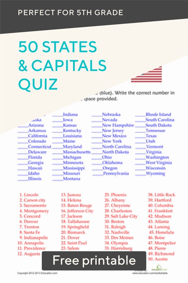 50 States And Capitals Quiz Worksheet Education