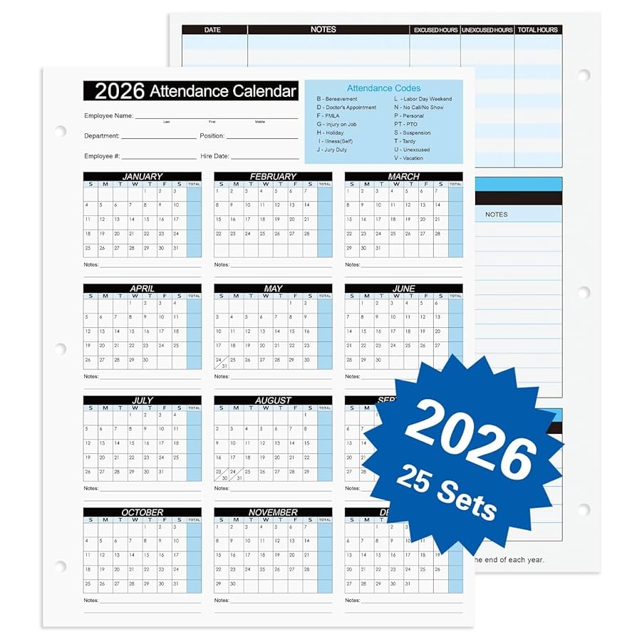 Amazon 2026 Attendance Calendar Work Tracker Attendance 