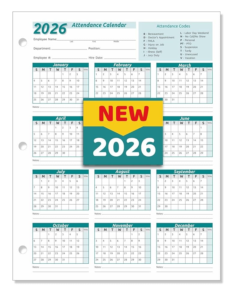 2026 Employee Attendance Calendar Printable