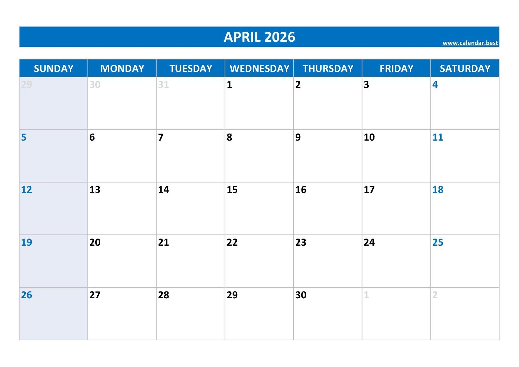 Printable April 2026 Calendar With Holidays