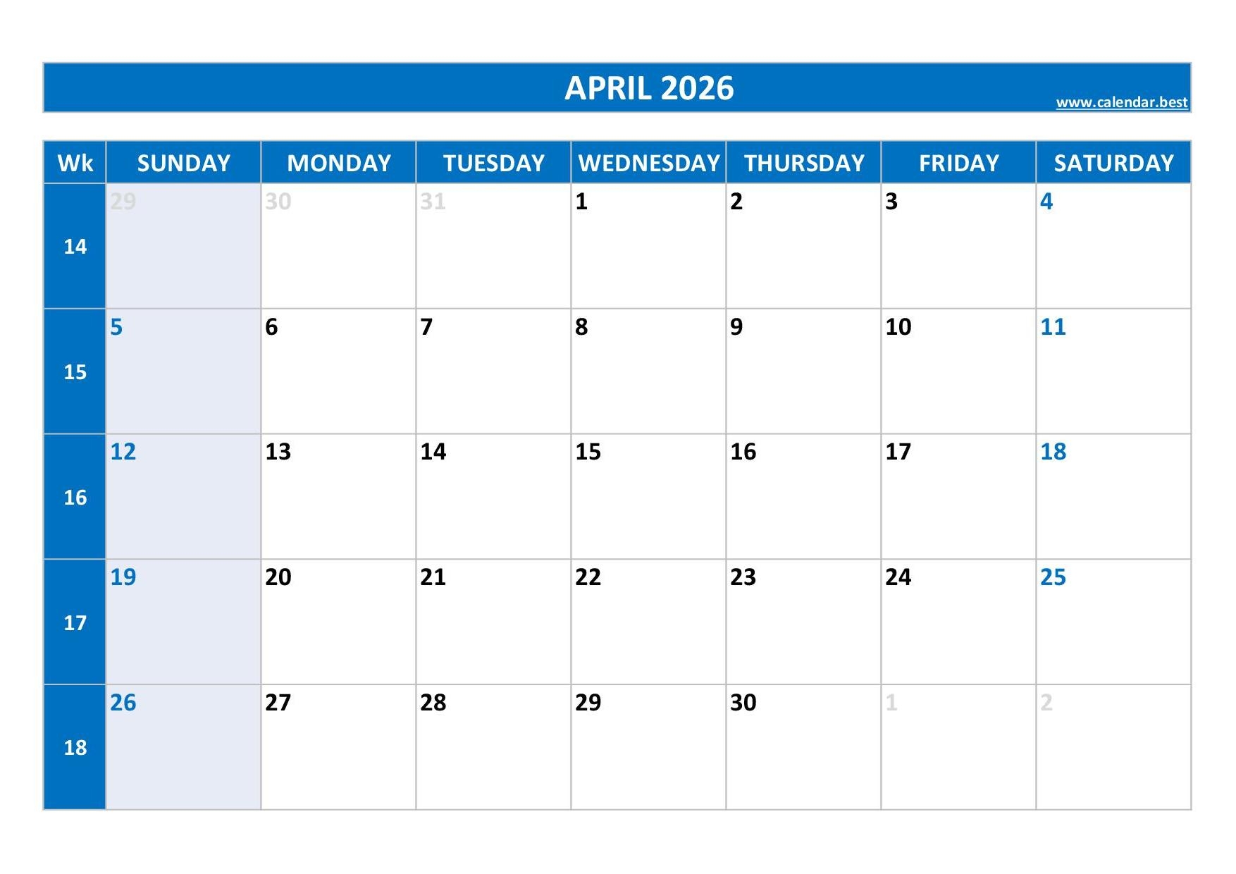 Blank Calendar Template April 2026 Printable
