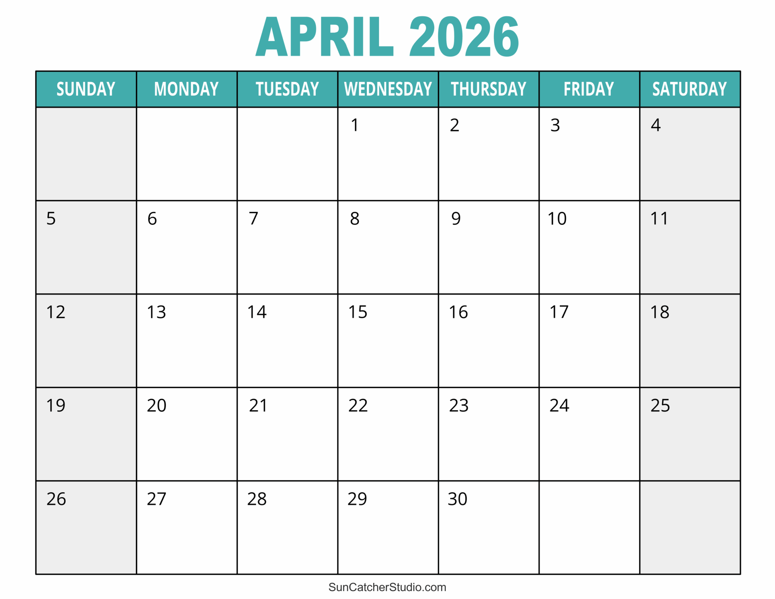 Calendar April 2026 Printable Free