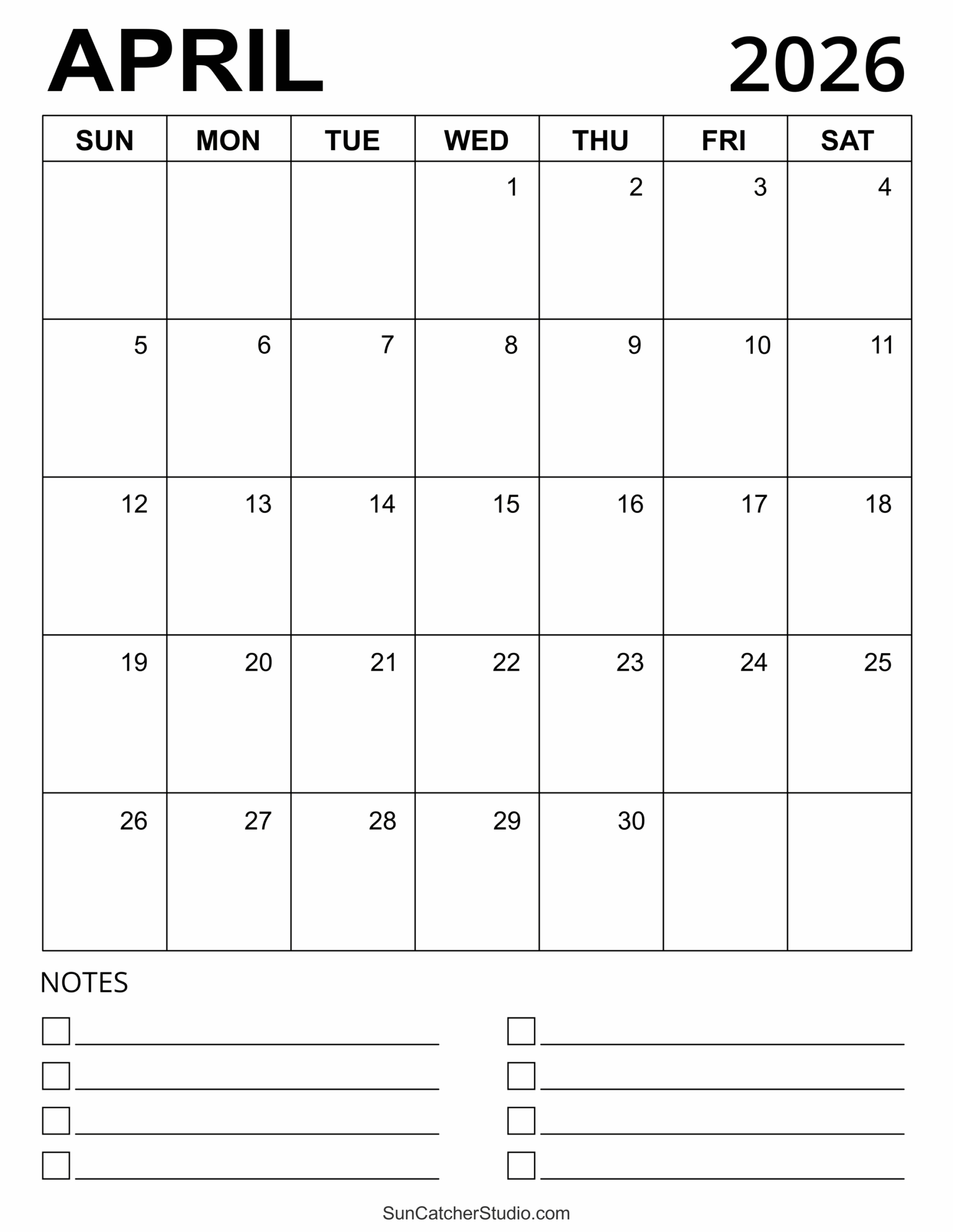 April Printable Calendar 2026 Free