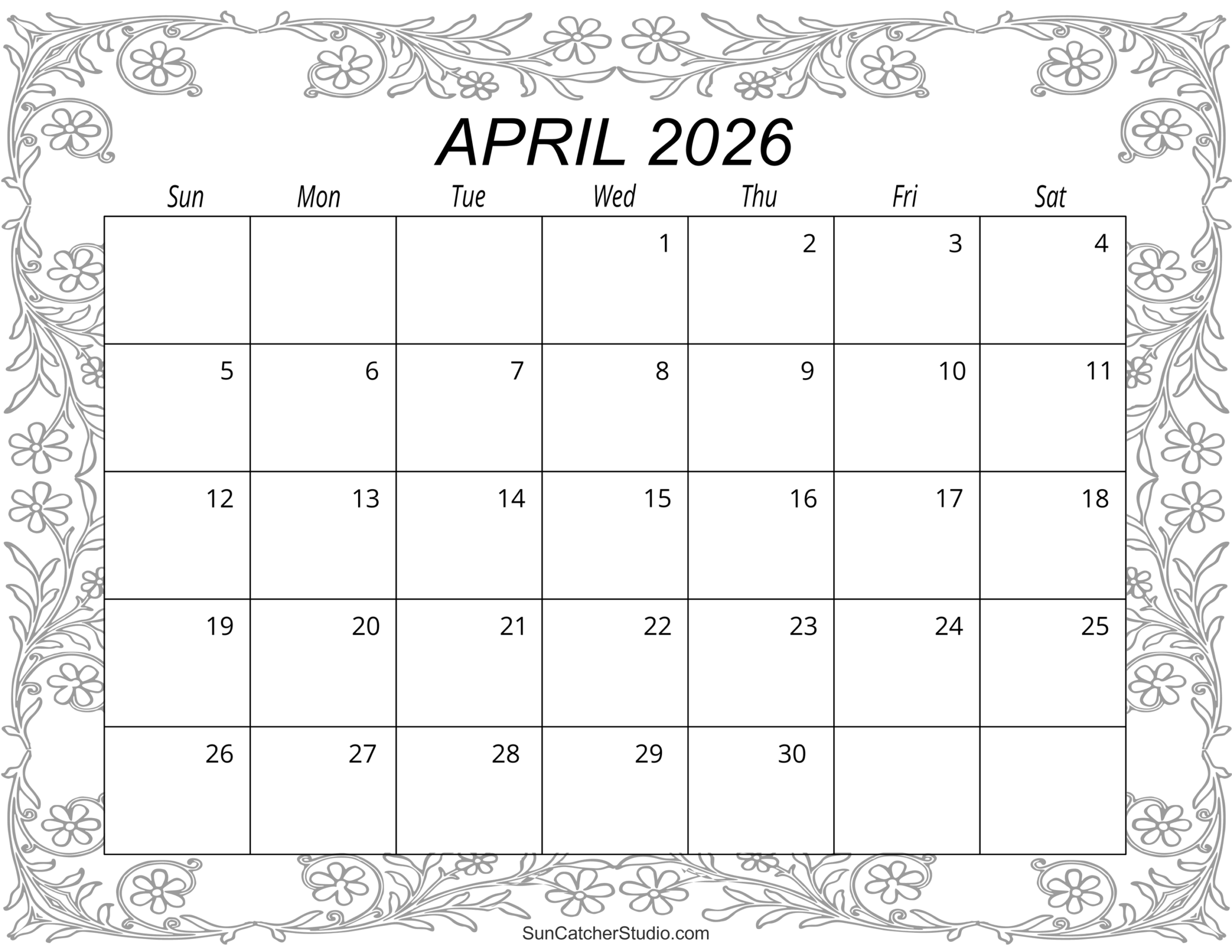 April Calendar Printable 2026
