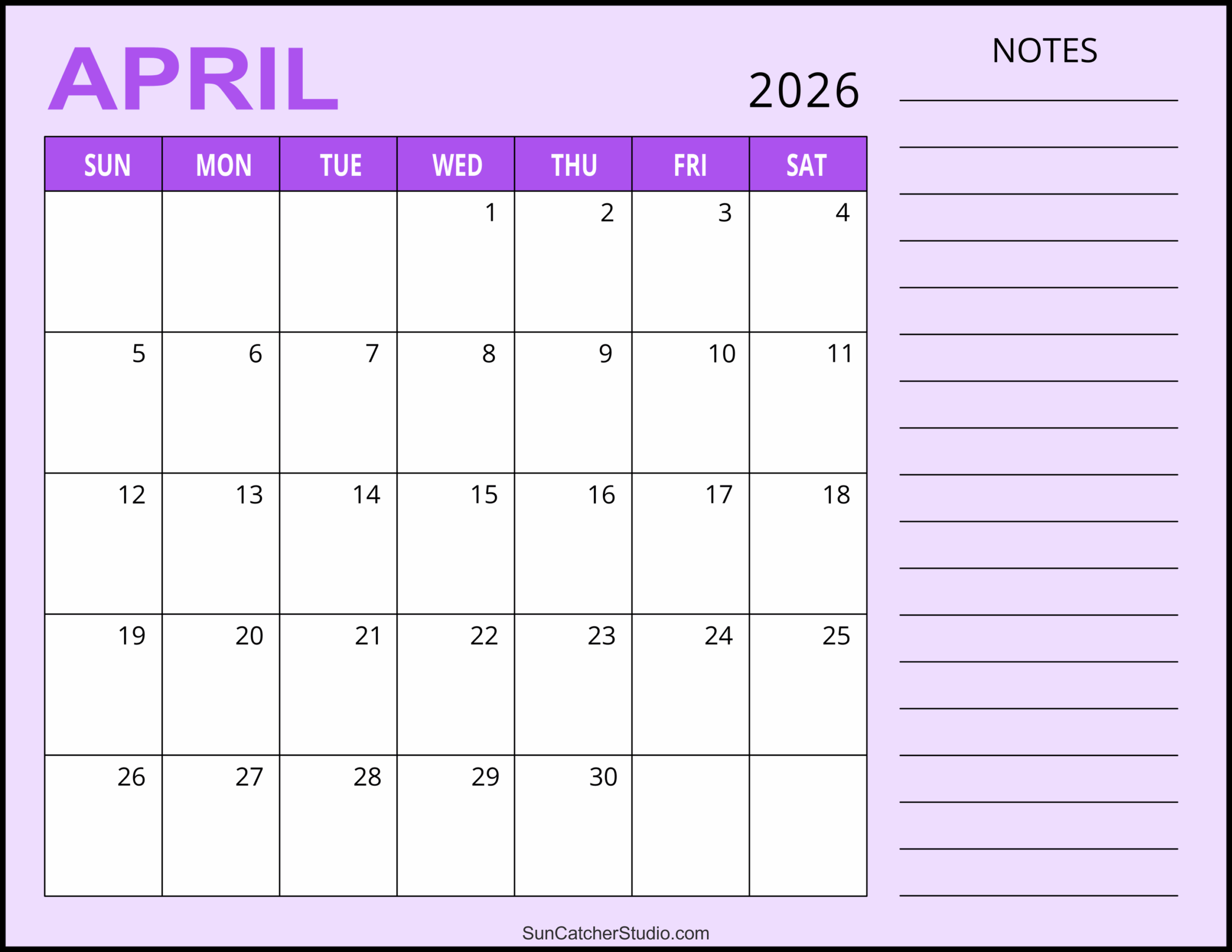 April 2026 Calendar Printable With Lines