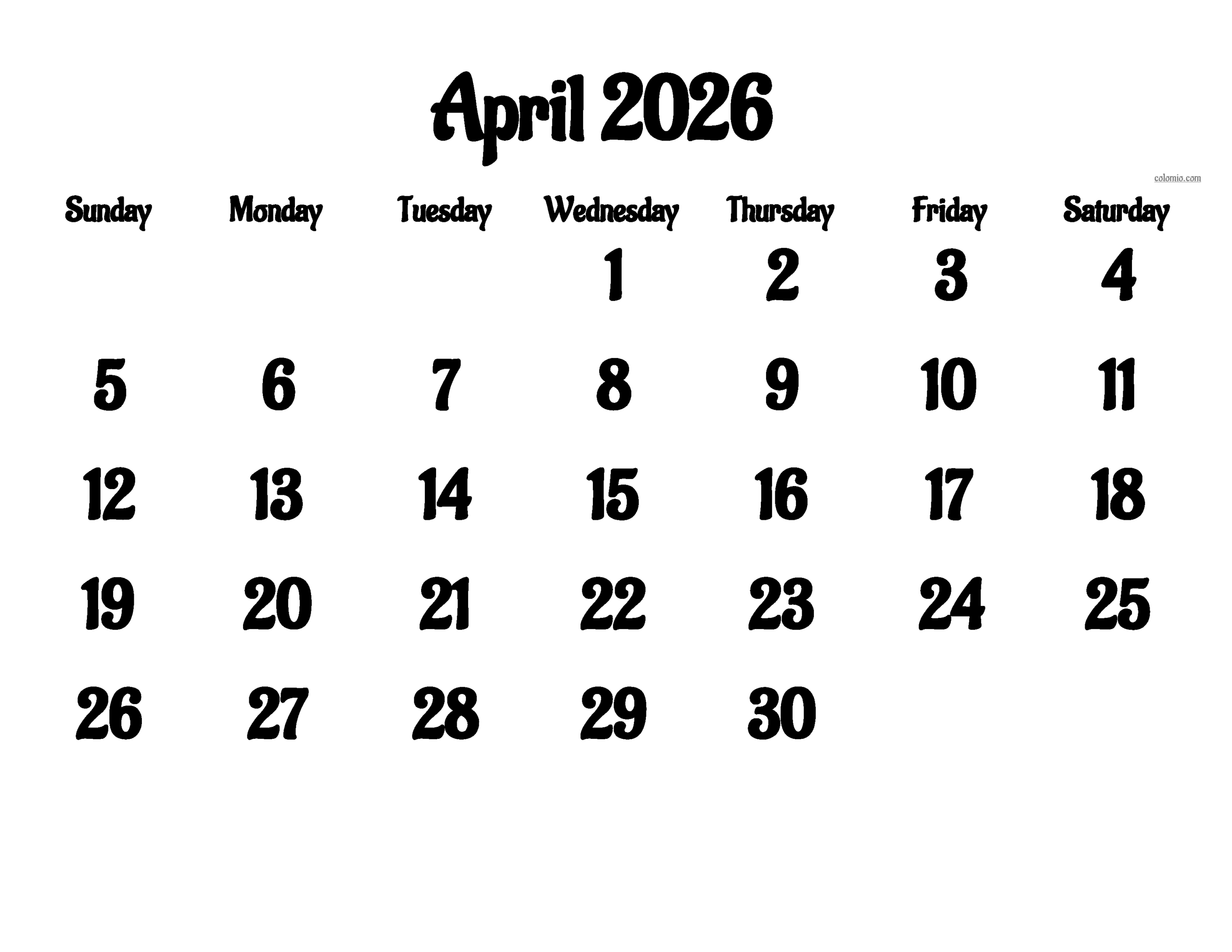 April 2026 Calendar Free Printable PDF XLS And PNG