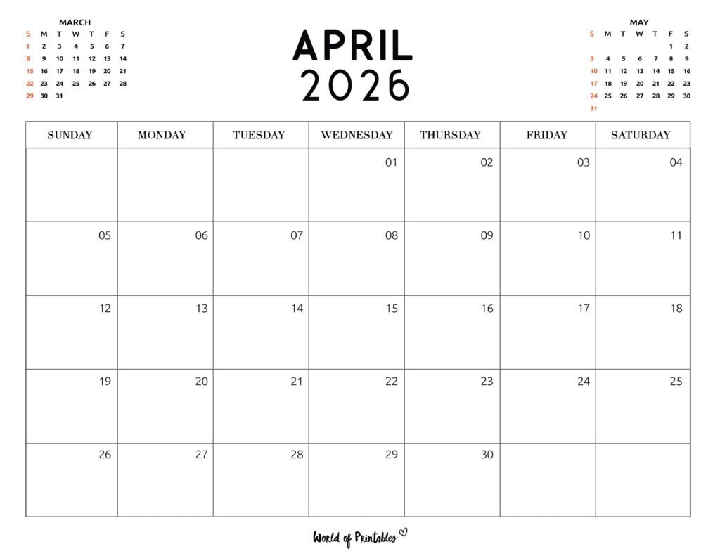 April 2026 Calendars 200 Free Printables World Of Printables