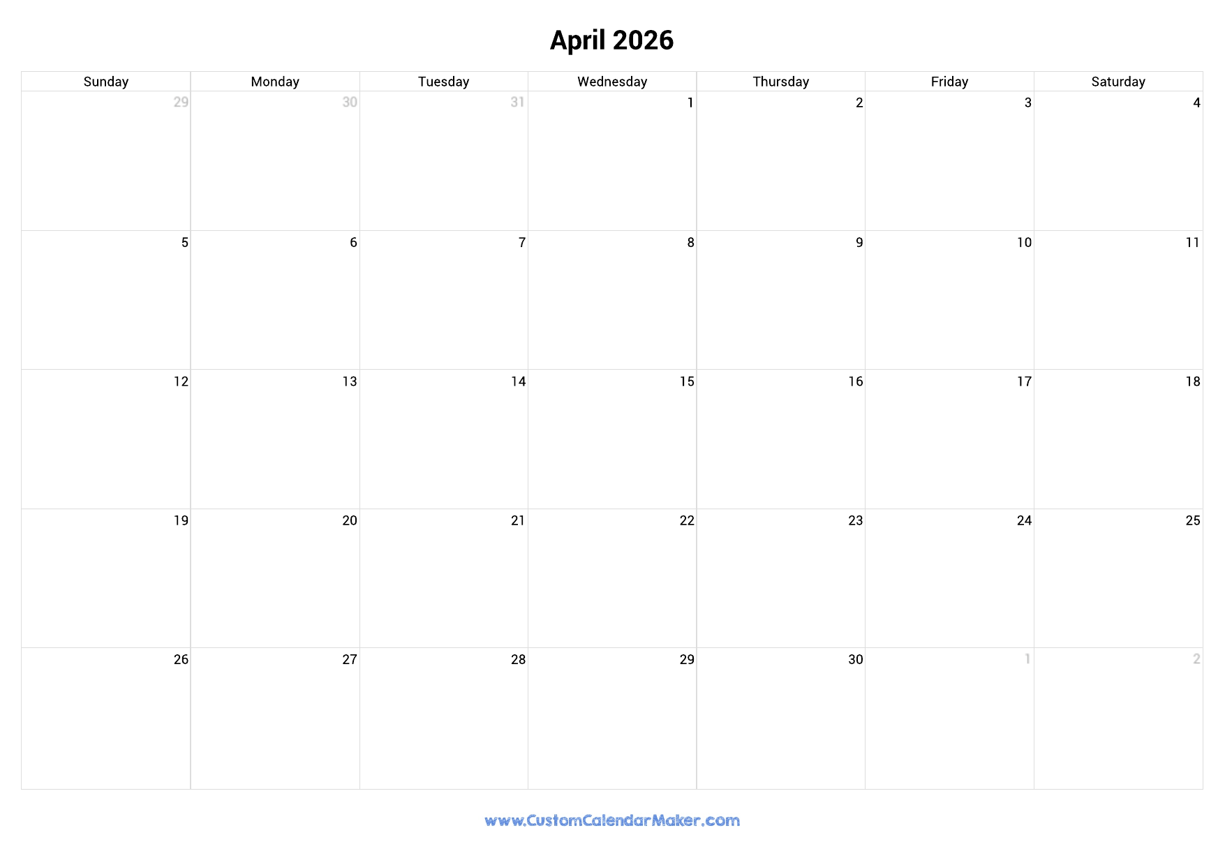 April 2026 Landscape Calendar With Large Boxes Custom Calendar Maker