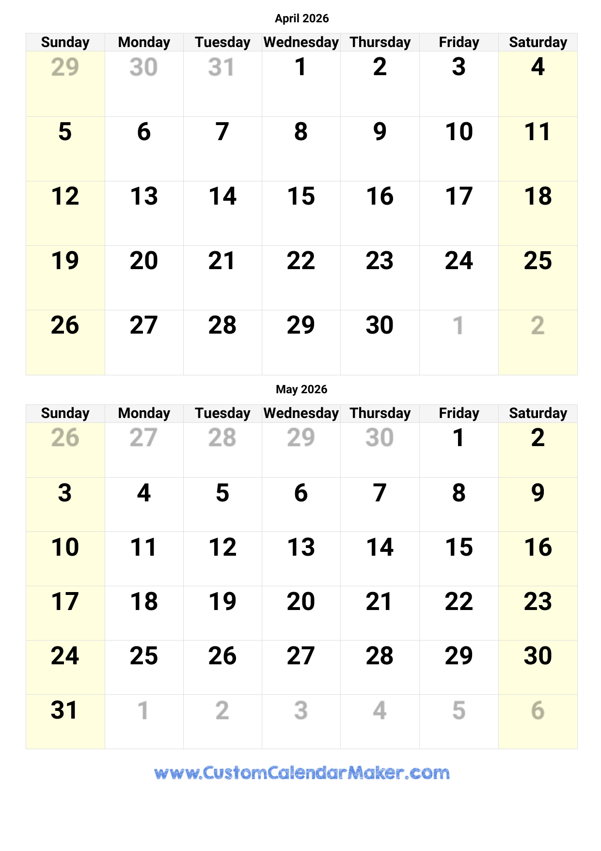 April May 2026 Calendar Printable