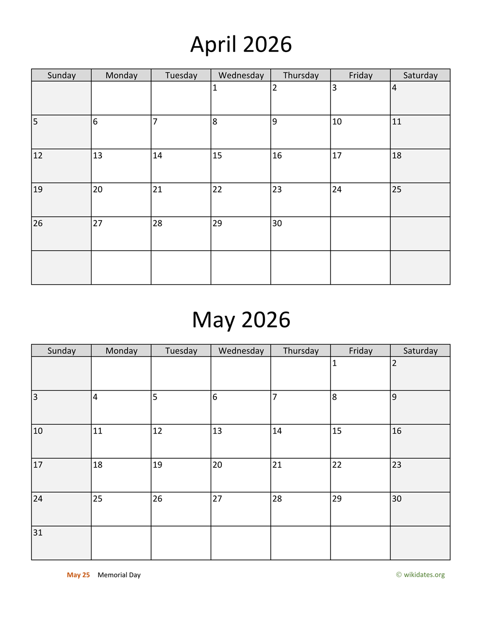 Printable Calendar April May 2026