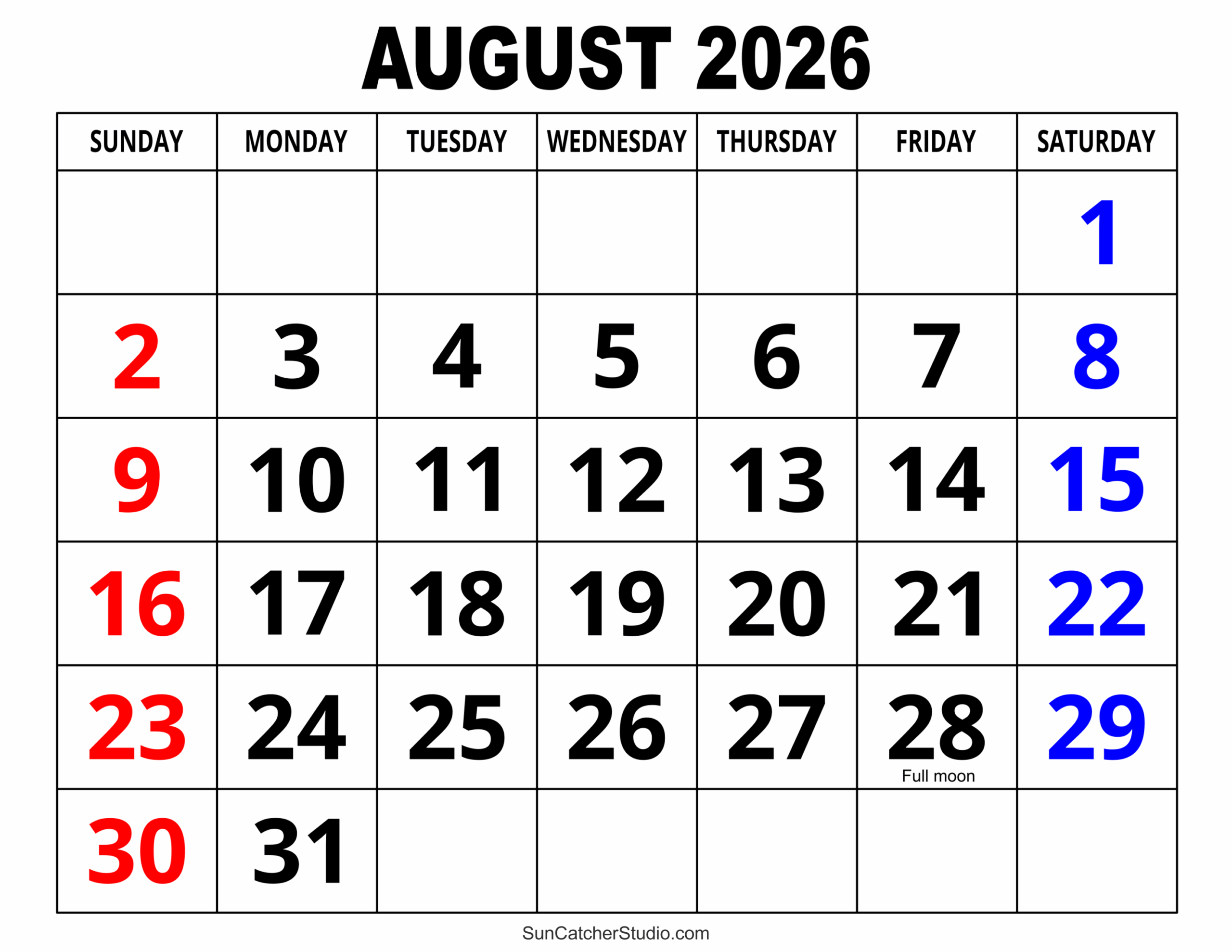 Printable Blank August 2026 Calendar