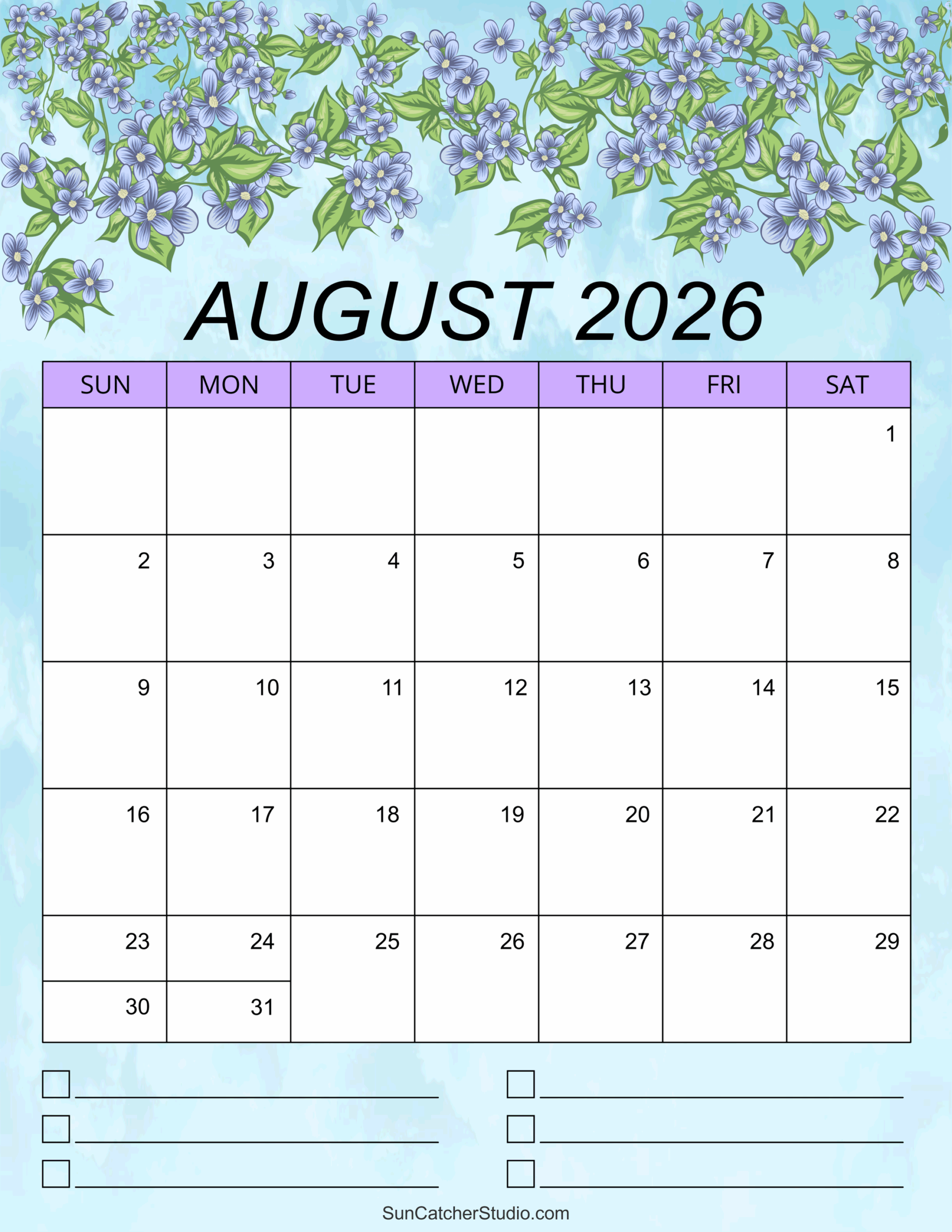 Free Printable Blank August 2026 Calendar
