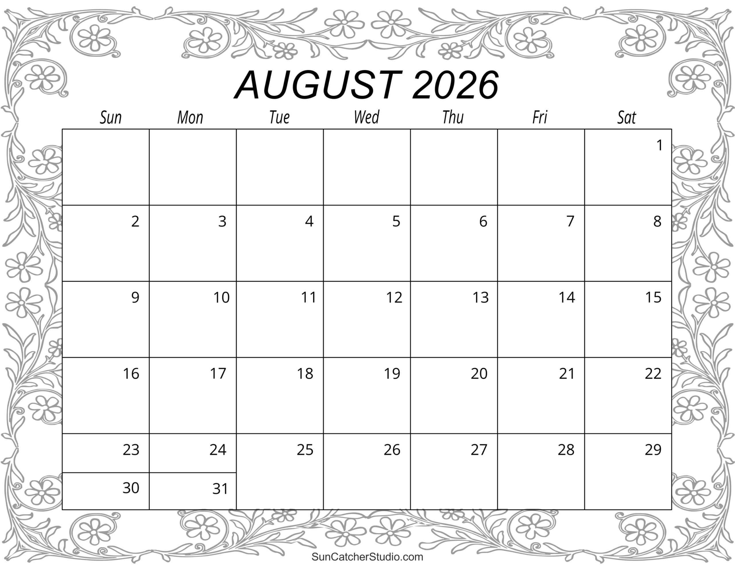 Blank August Calendar 2026 Printable