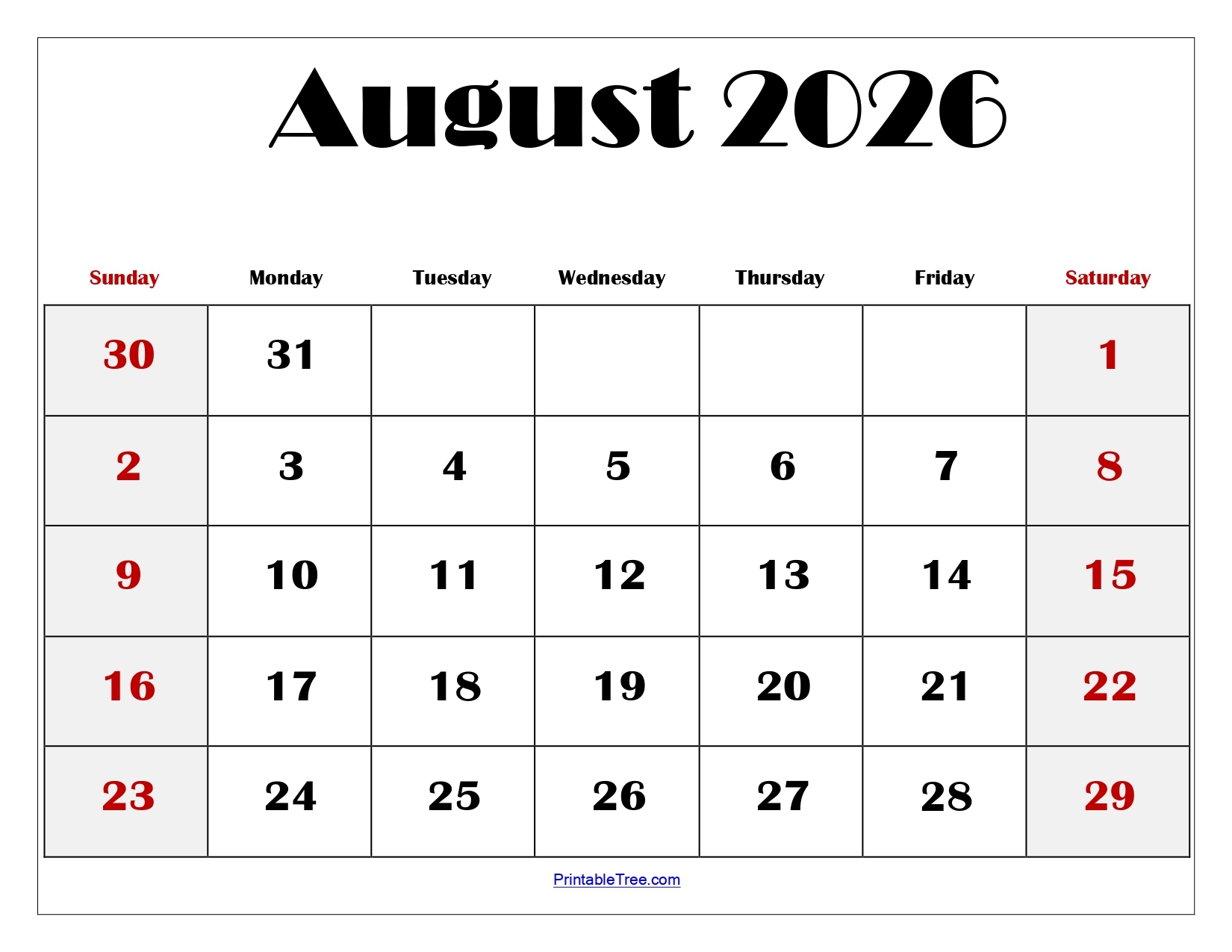 Blank Calendar Pages August 2026