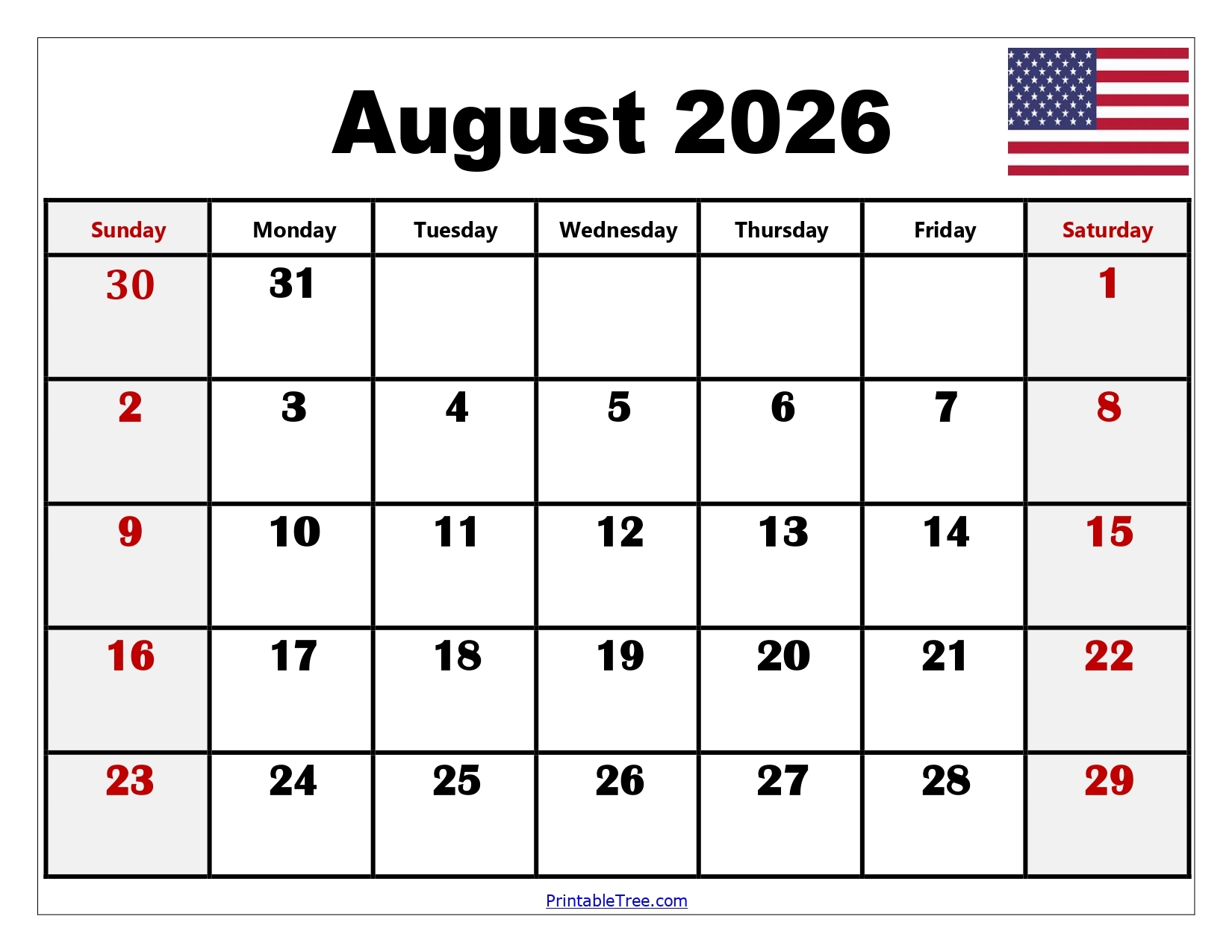 August Blank Calendar 2026
