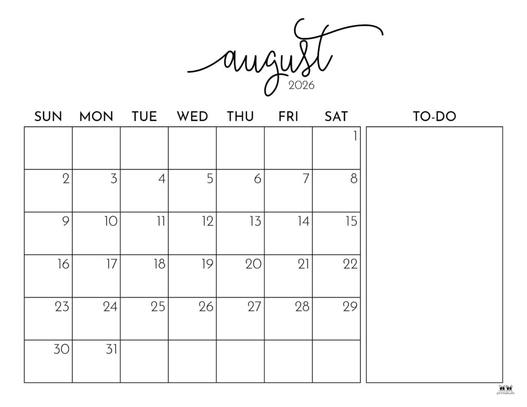 August 2026 Calendars 123 FREE Printables Printabulls