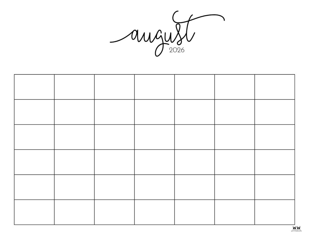 Blank Calendar Template August 2026 Printable