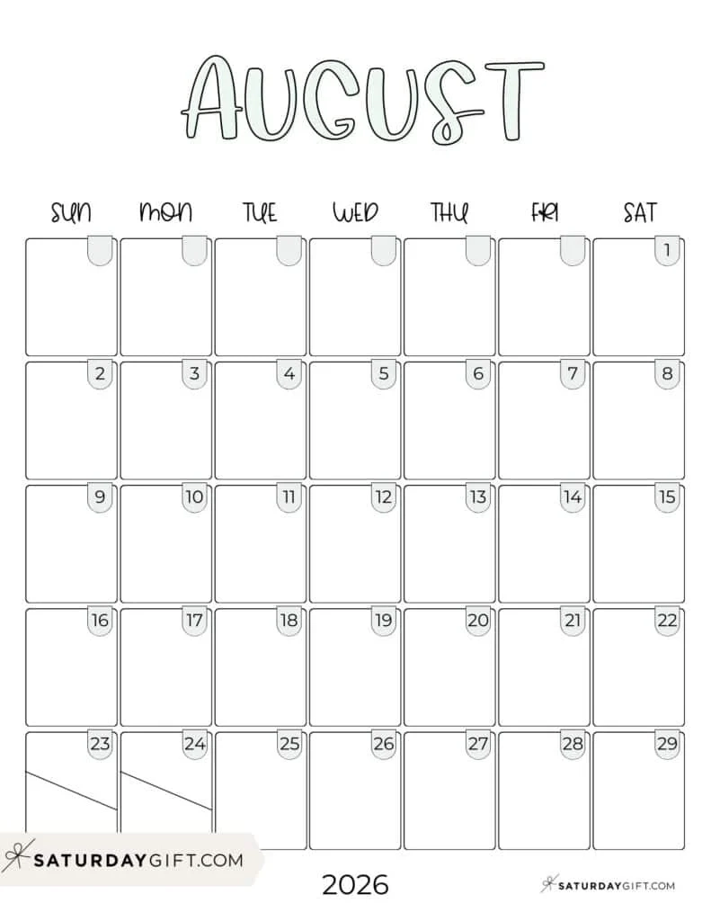 August 2026 Calendars 23 Cute Free Printable PDFs By SaturdayGift