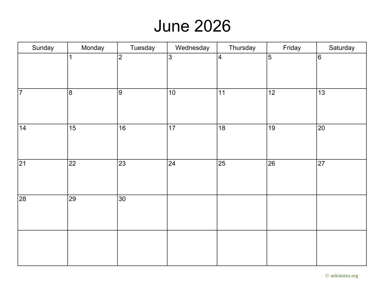Basic Calendar For June 2026 WikiDates