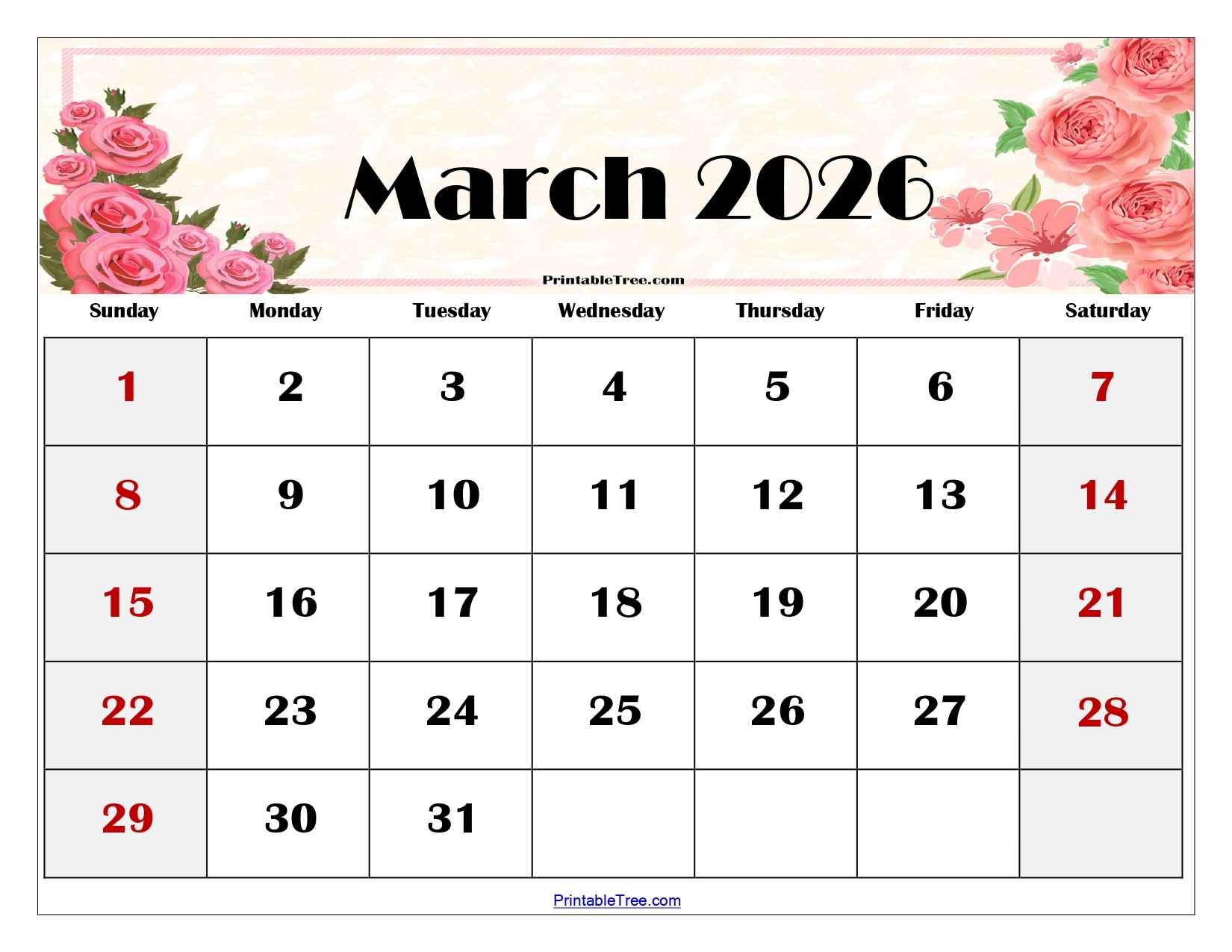 March 2026 Weekly Calendar Printable
