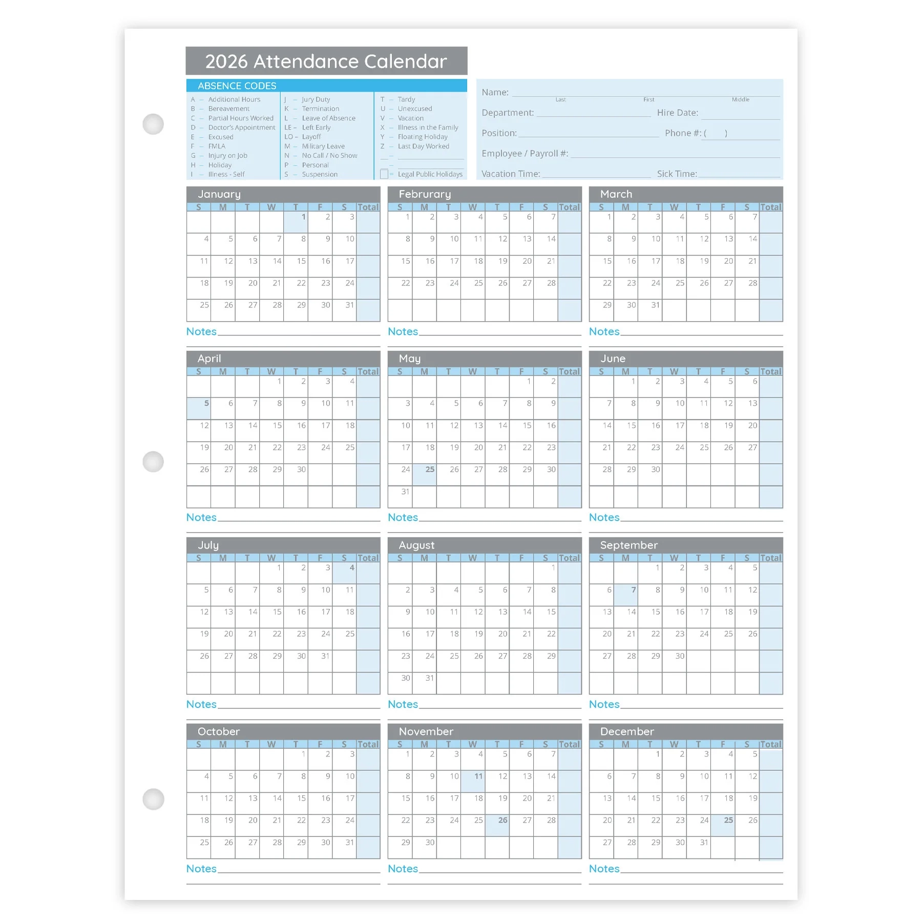 Free Printable Attendance Calendar 2026