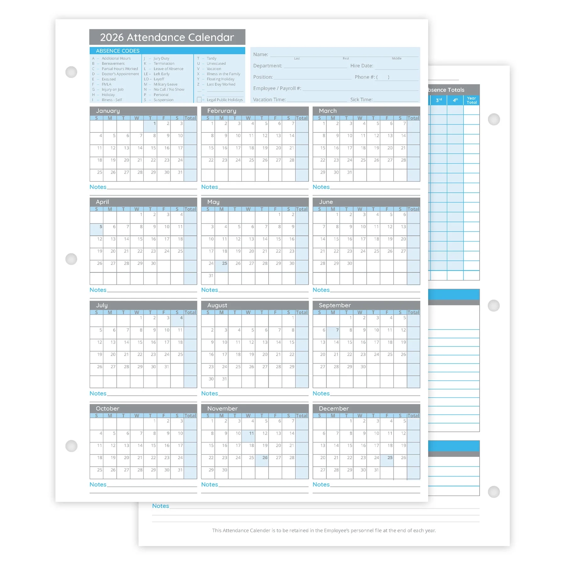 2026 Attendance Calendar Printable Pdf Free