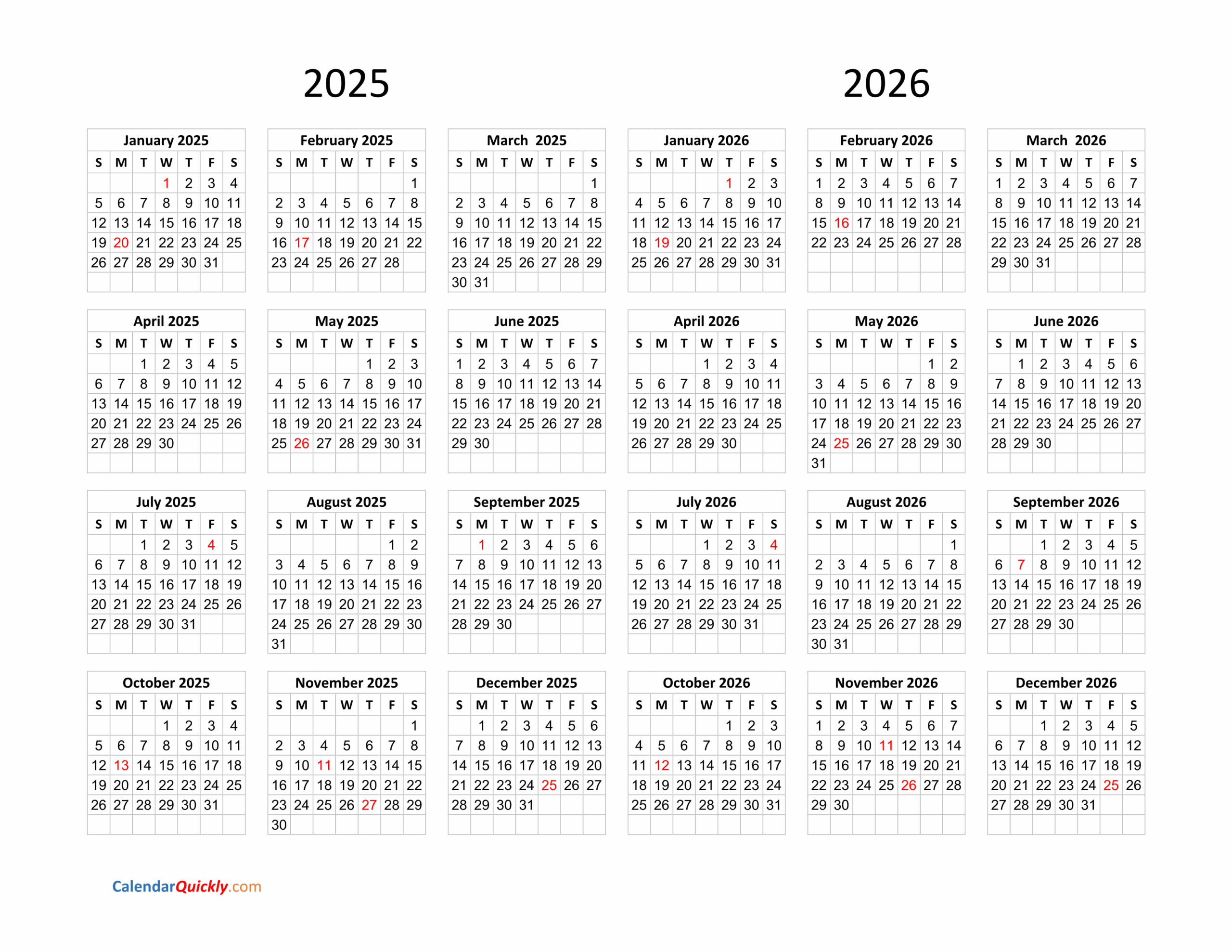 calendar 2025 and 2026 on one page calendar quickly