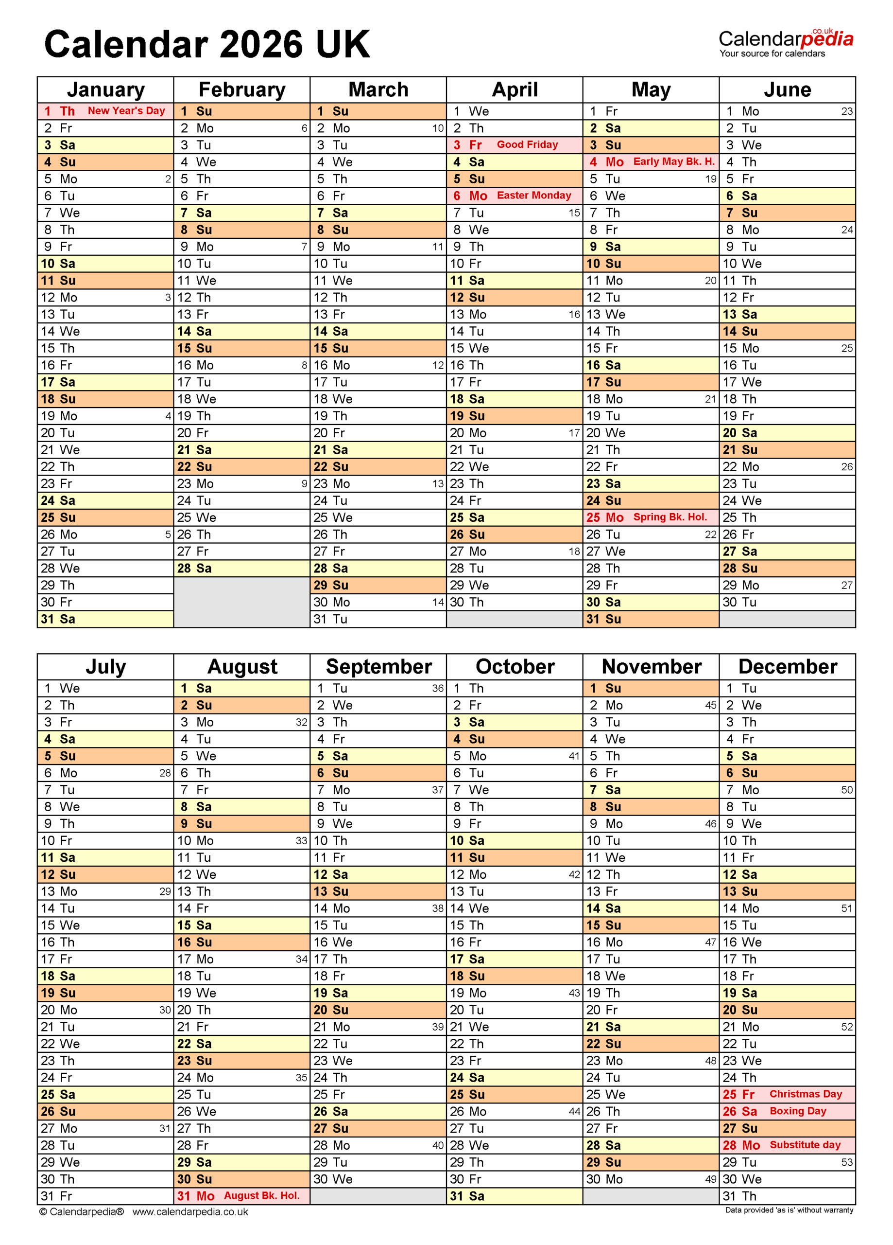 Calendar 2026 UK Free Printable PDF Templates