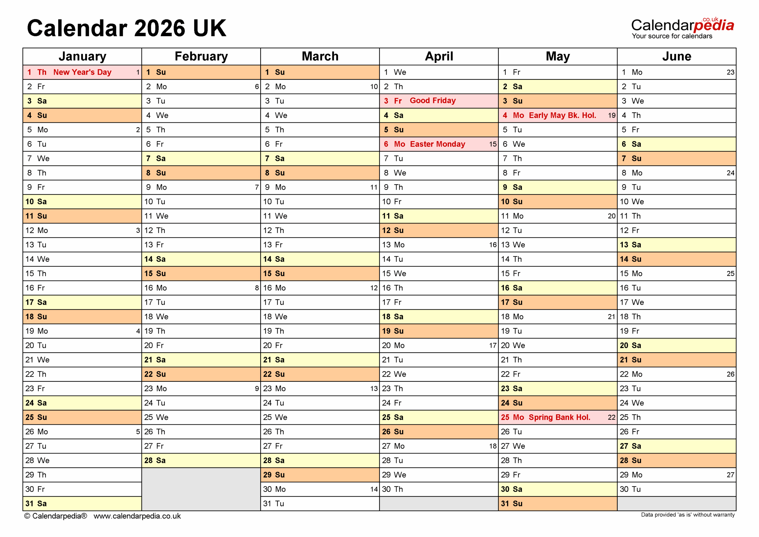 Printable 2026 Calendar Uk