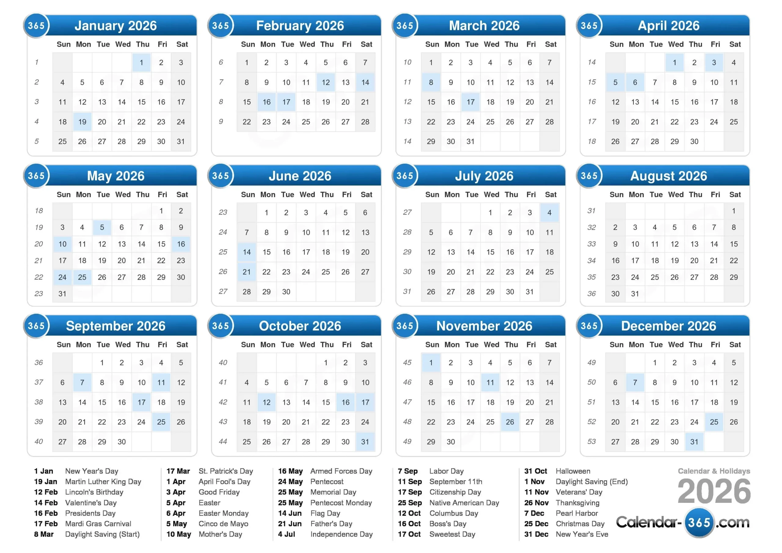 2026 Calendar With All Holidays And Observances Printable