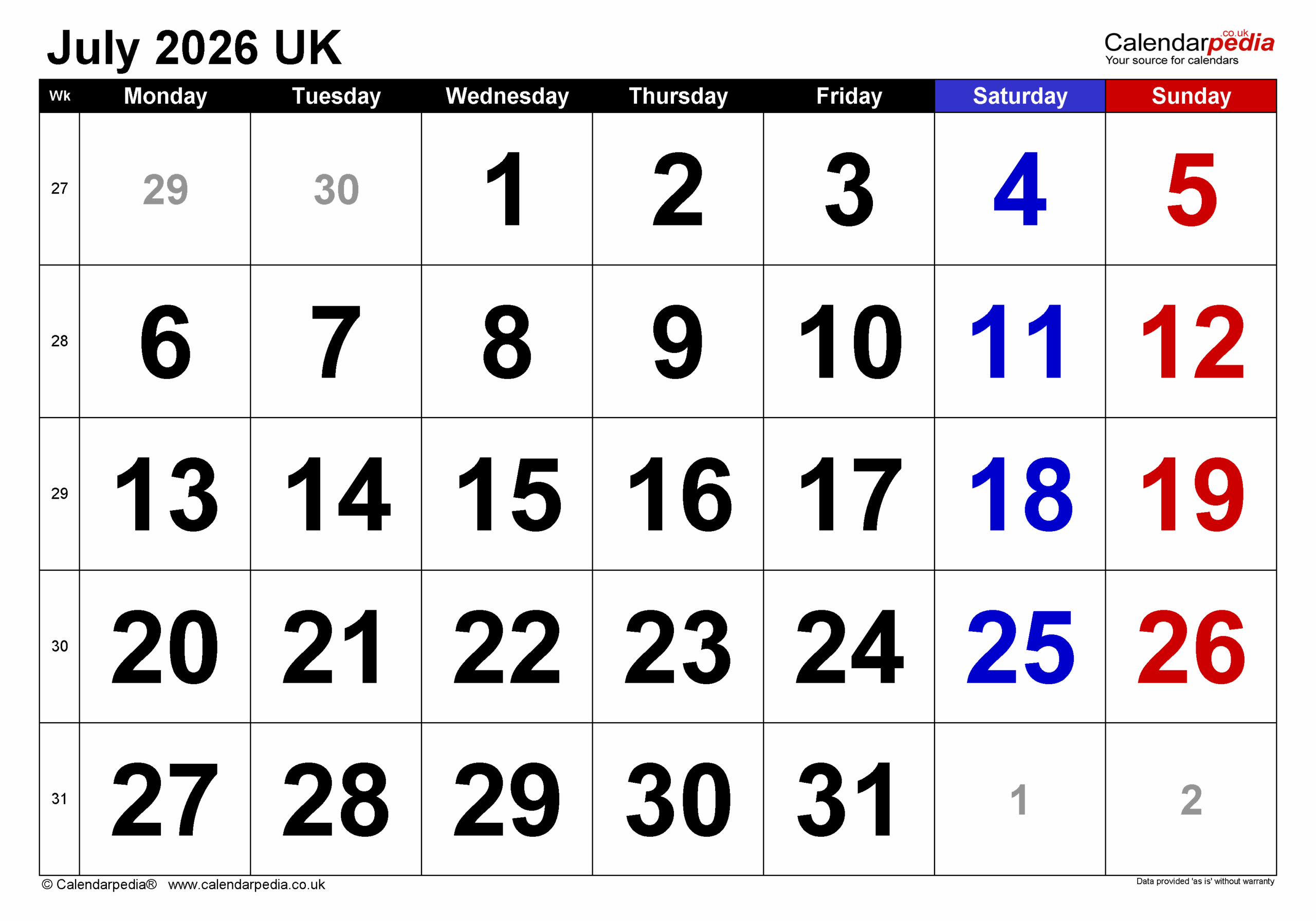 Free Printable Blank July 2026 Calendar