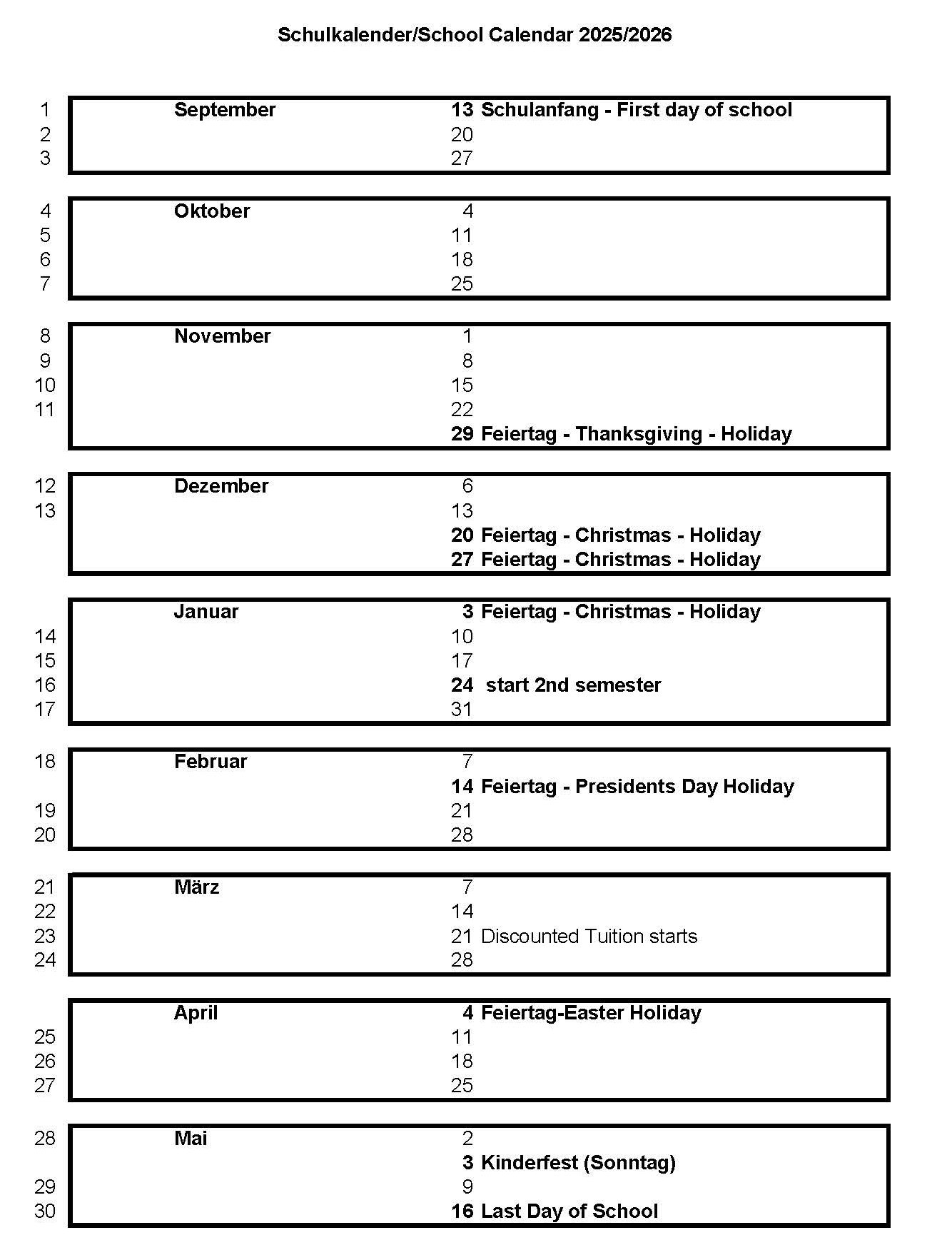 Calendars German American School Association