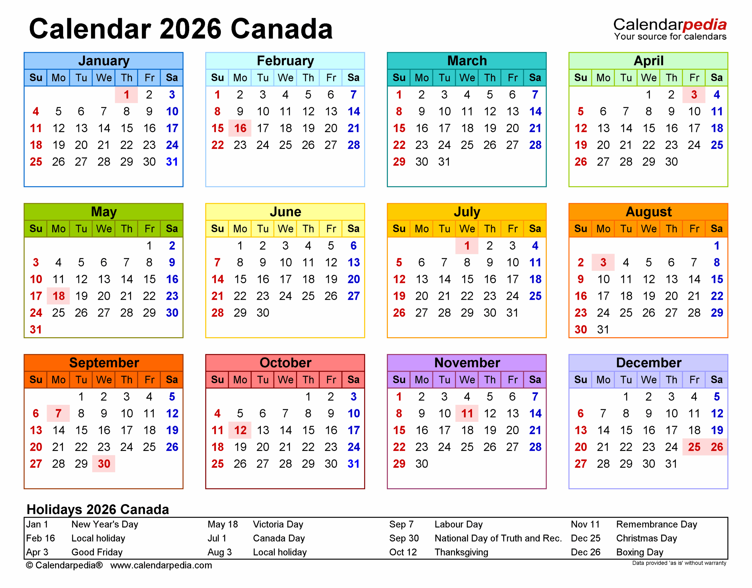 2026 Calendar Canada With Holidays Printable