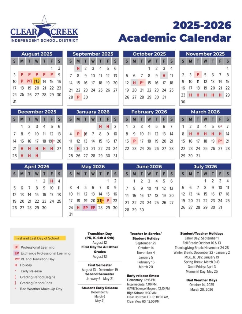 Clear Creek ISD Calendar 2025 2026 CCISD Holidays
