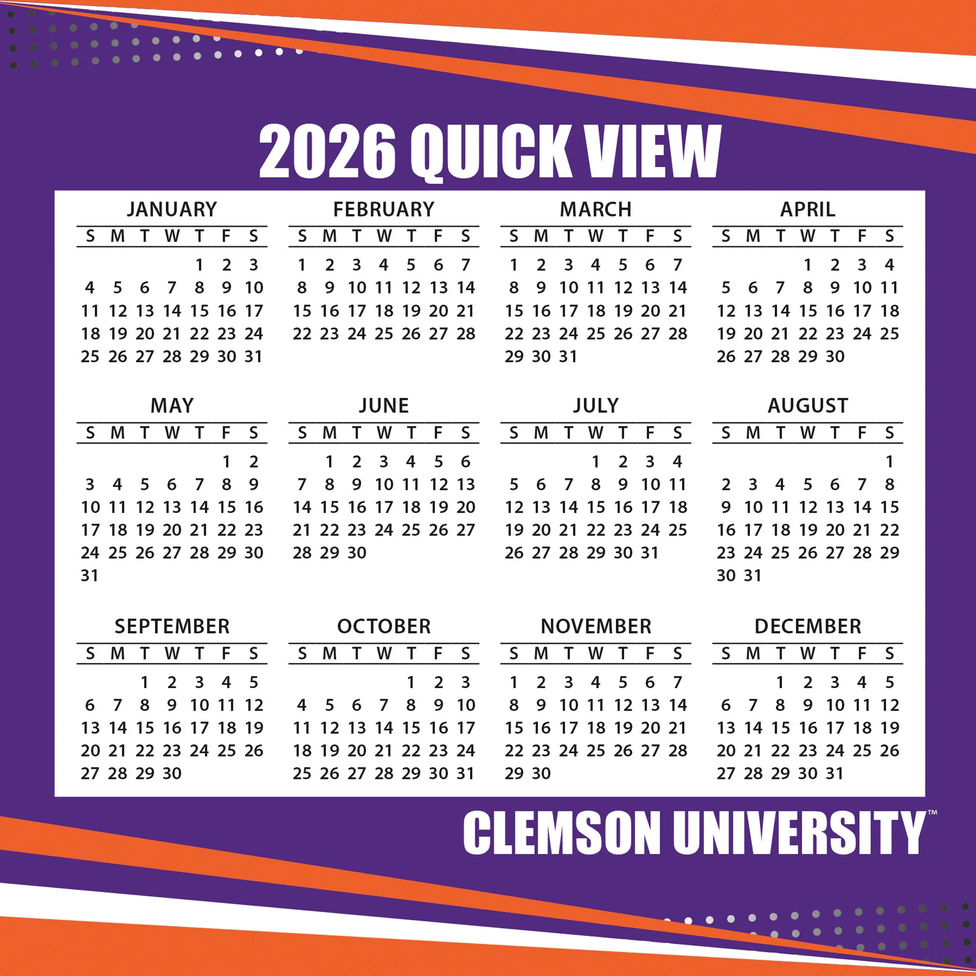 Clemson Tigers 2026 Box Calendar