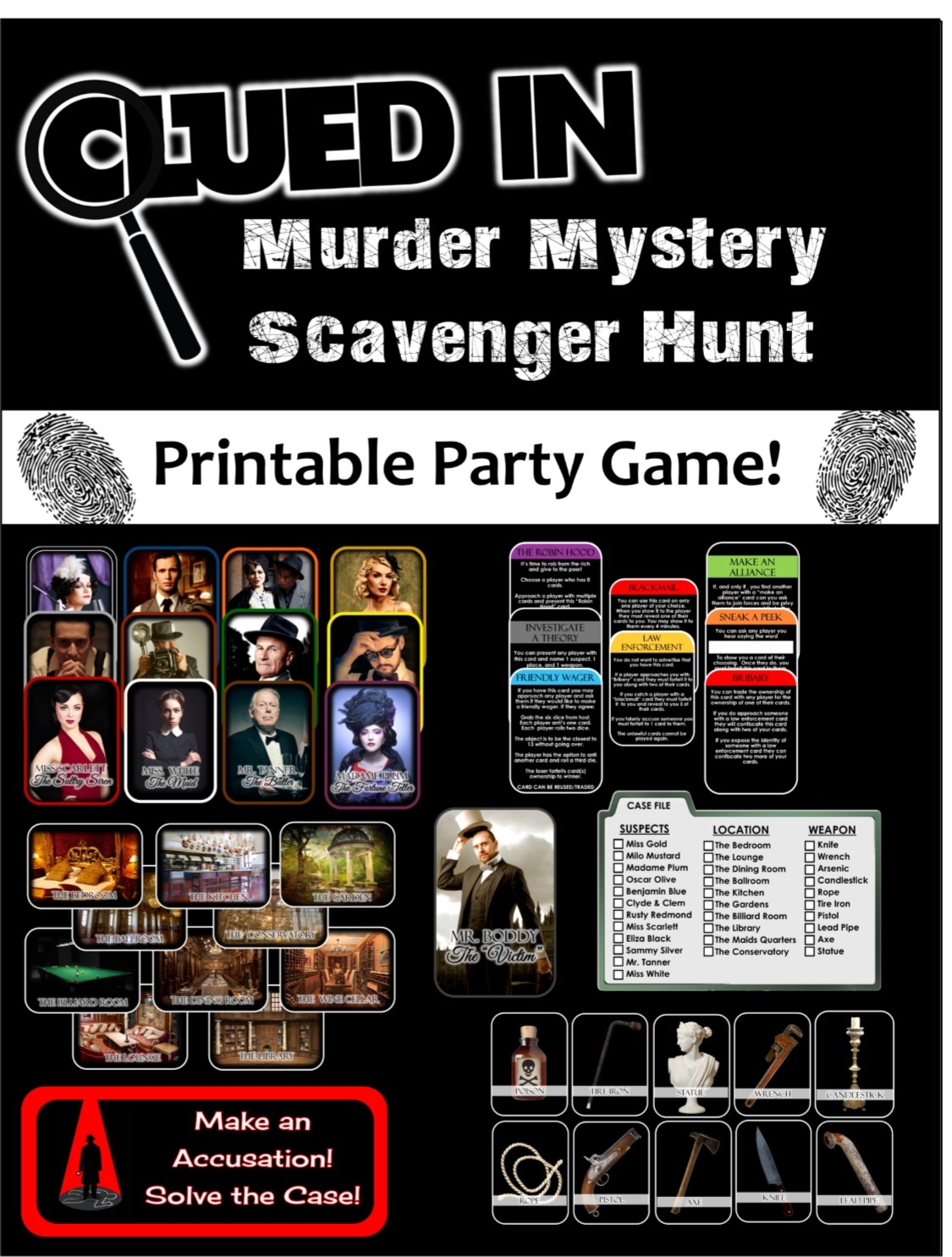 Clued In Murder Mystery Scavenger Hunt Printable Party Game 