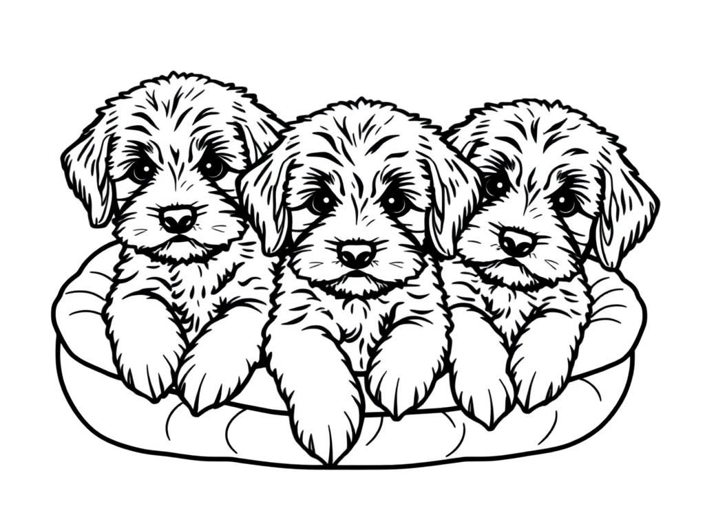 Coloring Page Of Three Adorable Puppies In A Dog Bed Free 