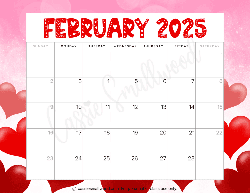 February Calendar Free Printable