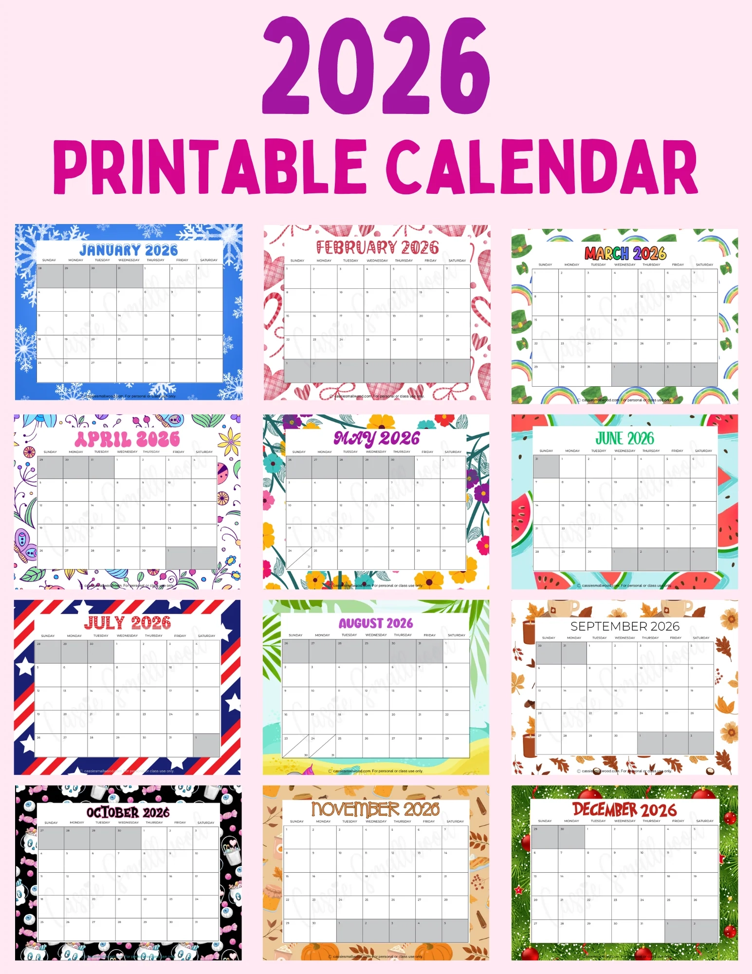 Monthly Calendar 2026 Printable Free