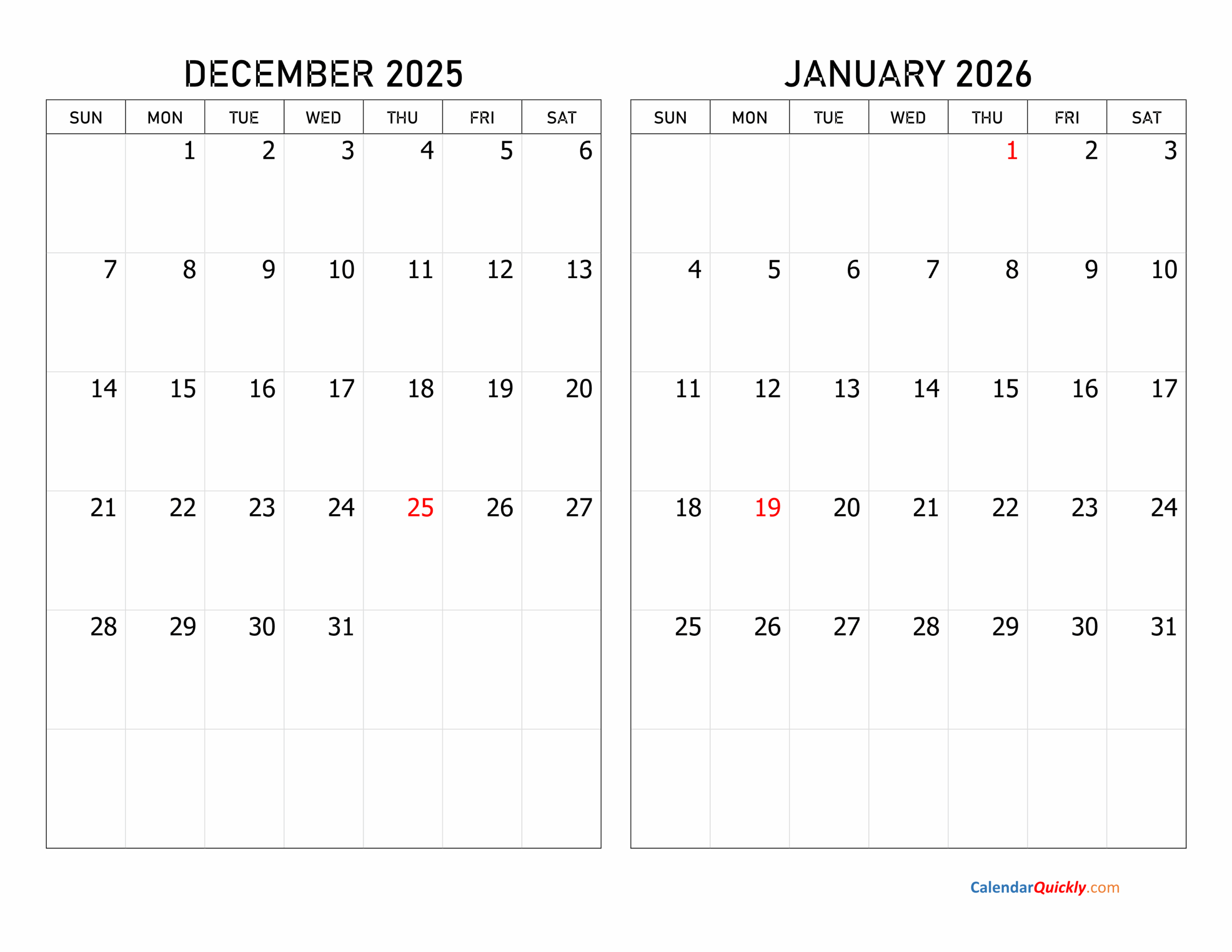December 2025 And January 2026 Calendar Printable