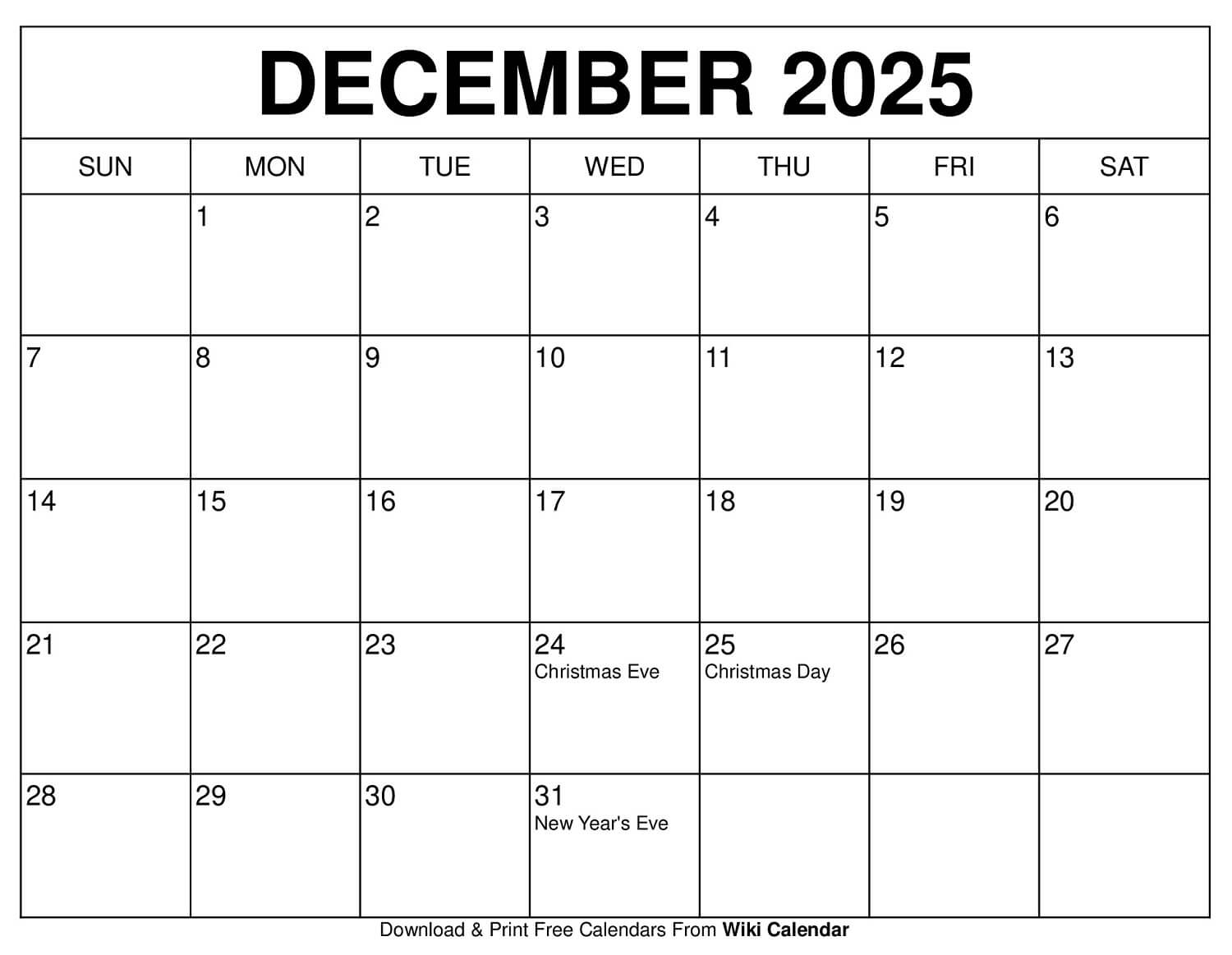 Blank 2025 December Calendar