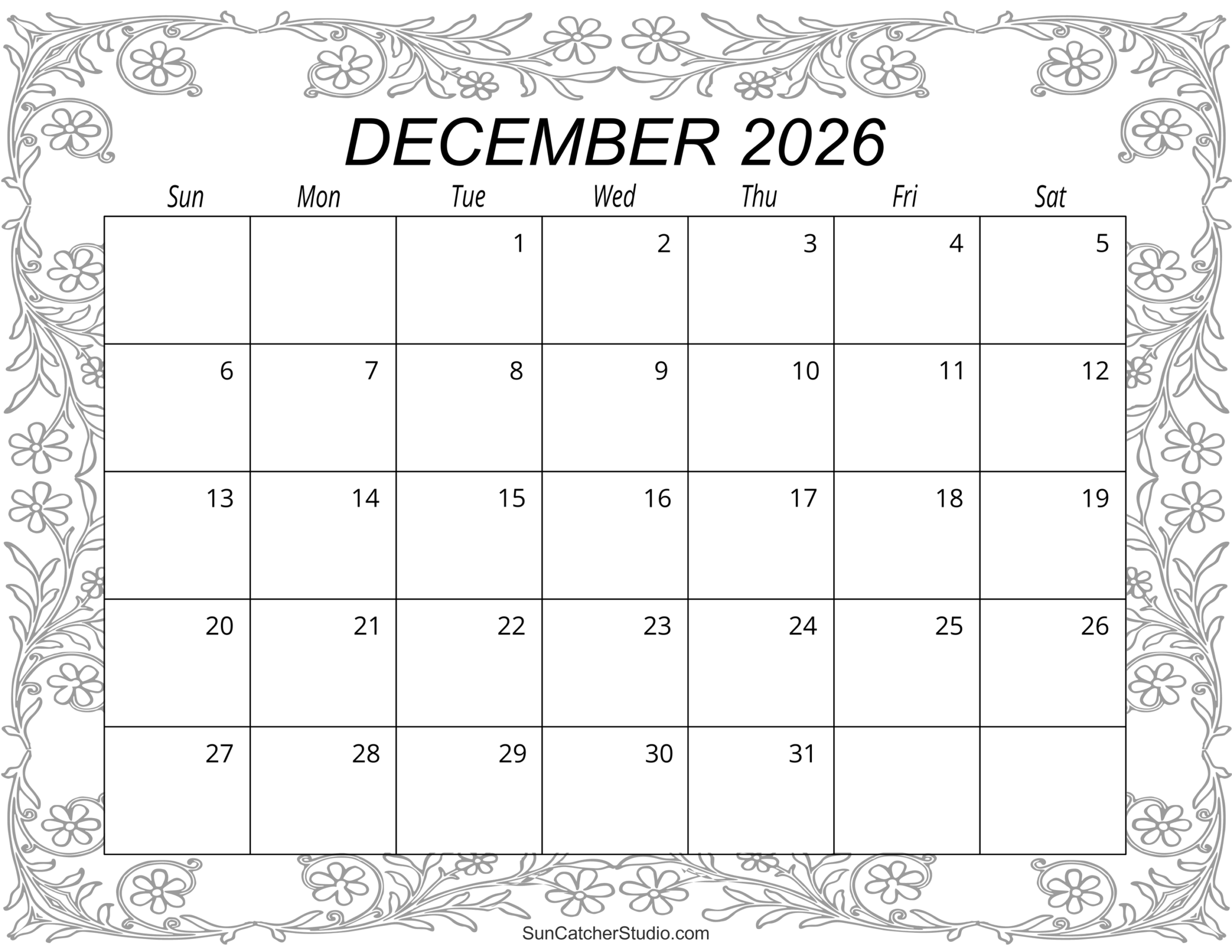December 2026 Printable Calendar