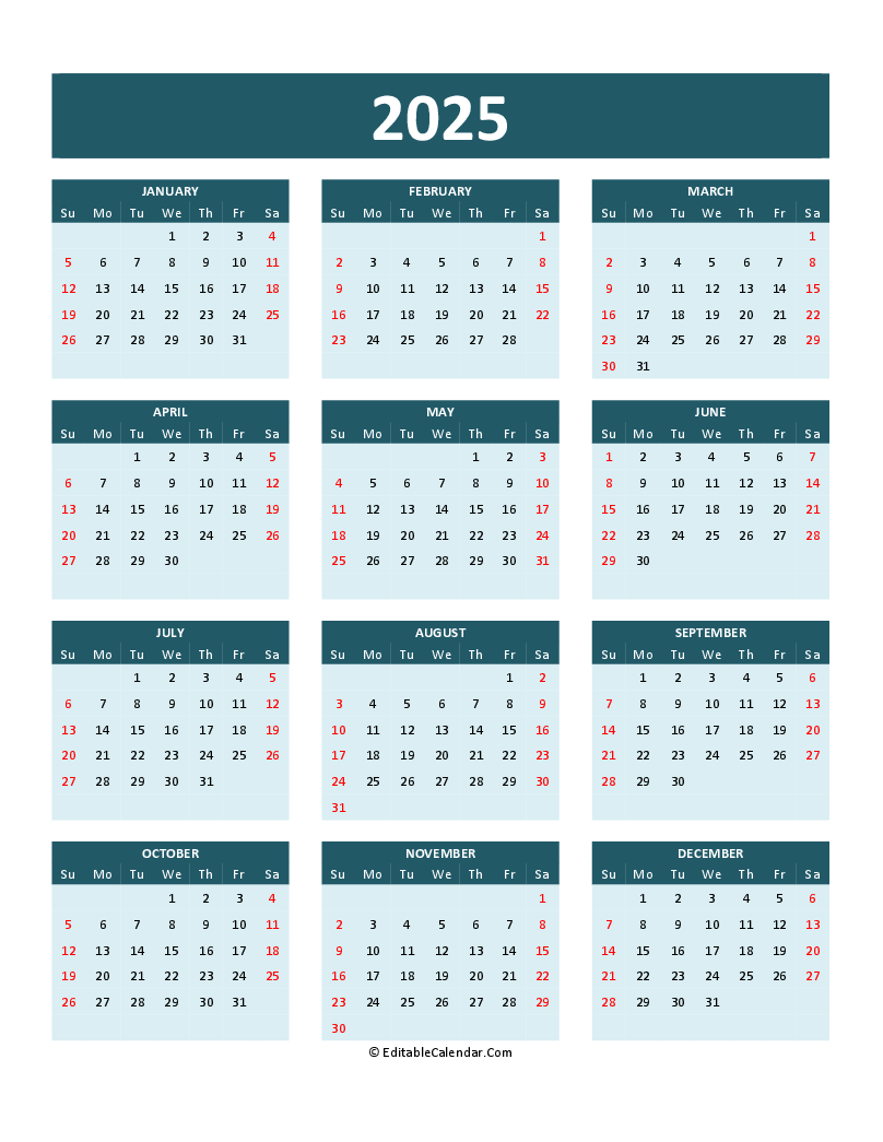 2025 Calendar 2026 Printable Word