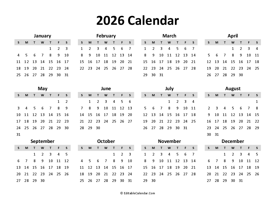 Download Free Printable Calendar 2026 Word Version 