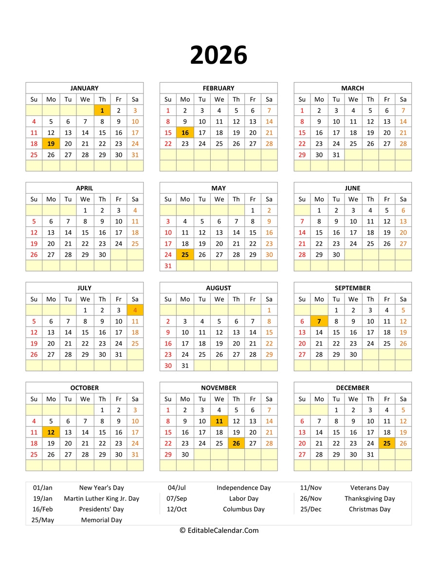 Editable 2026 Calendar With With Holidays