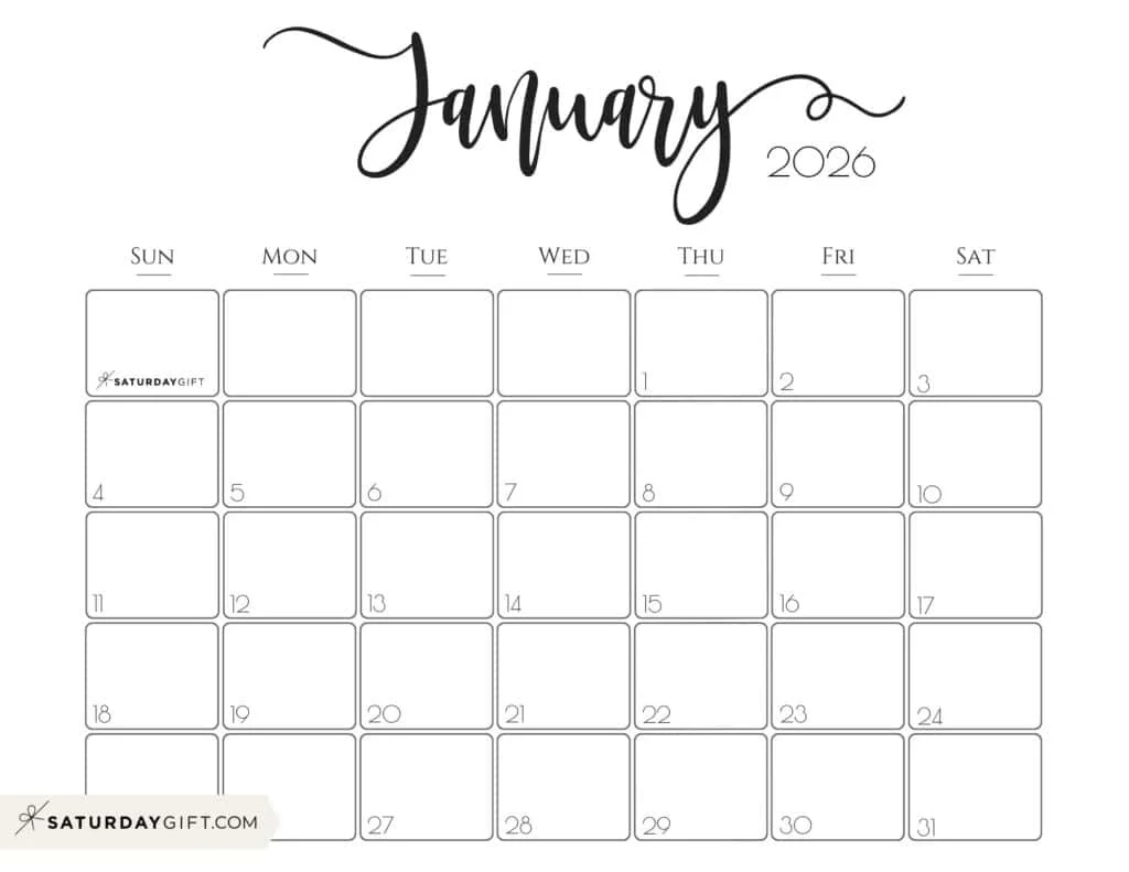Elegant Printable Calendar 2026 By SaturdayGift Readers Favorite 