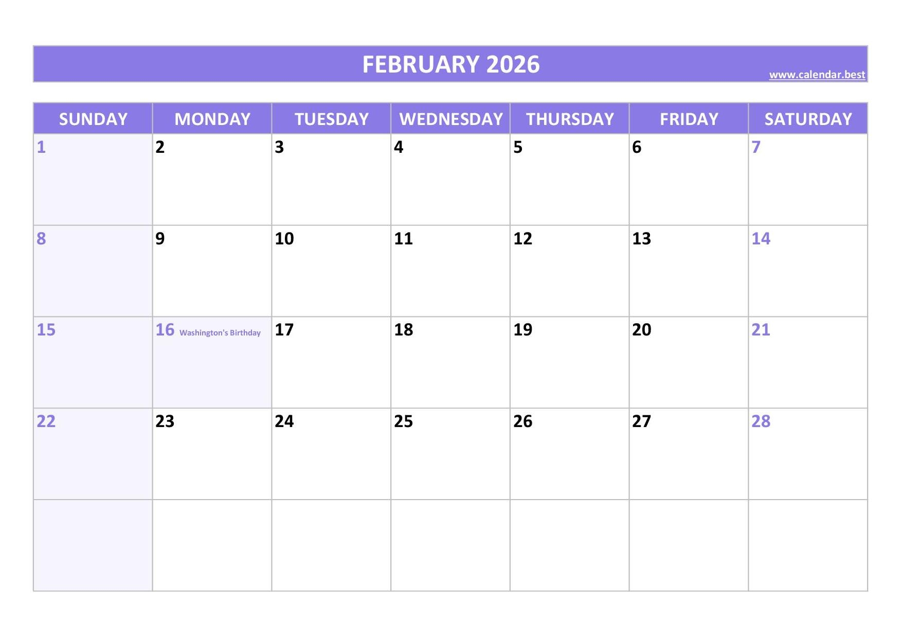 Blank February 2026 Calendar Printable Free Download